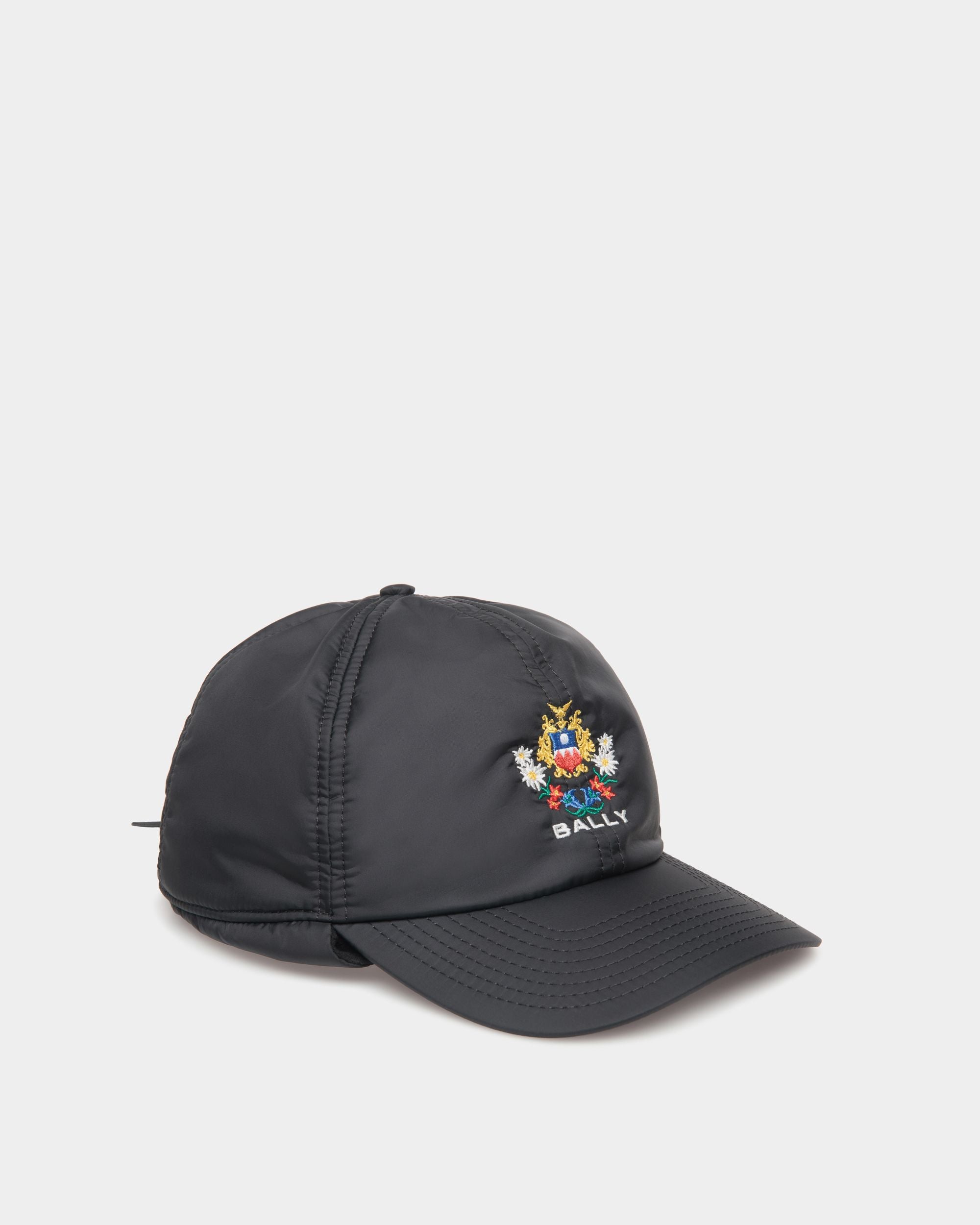 Winter Capsule Aviator Hat With Alpine Flowers in Black Recycled Nylon - Men's - Bally - 01
