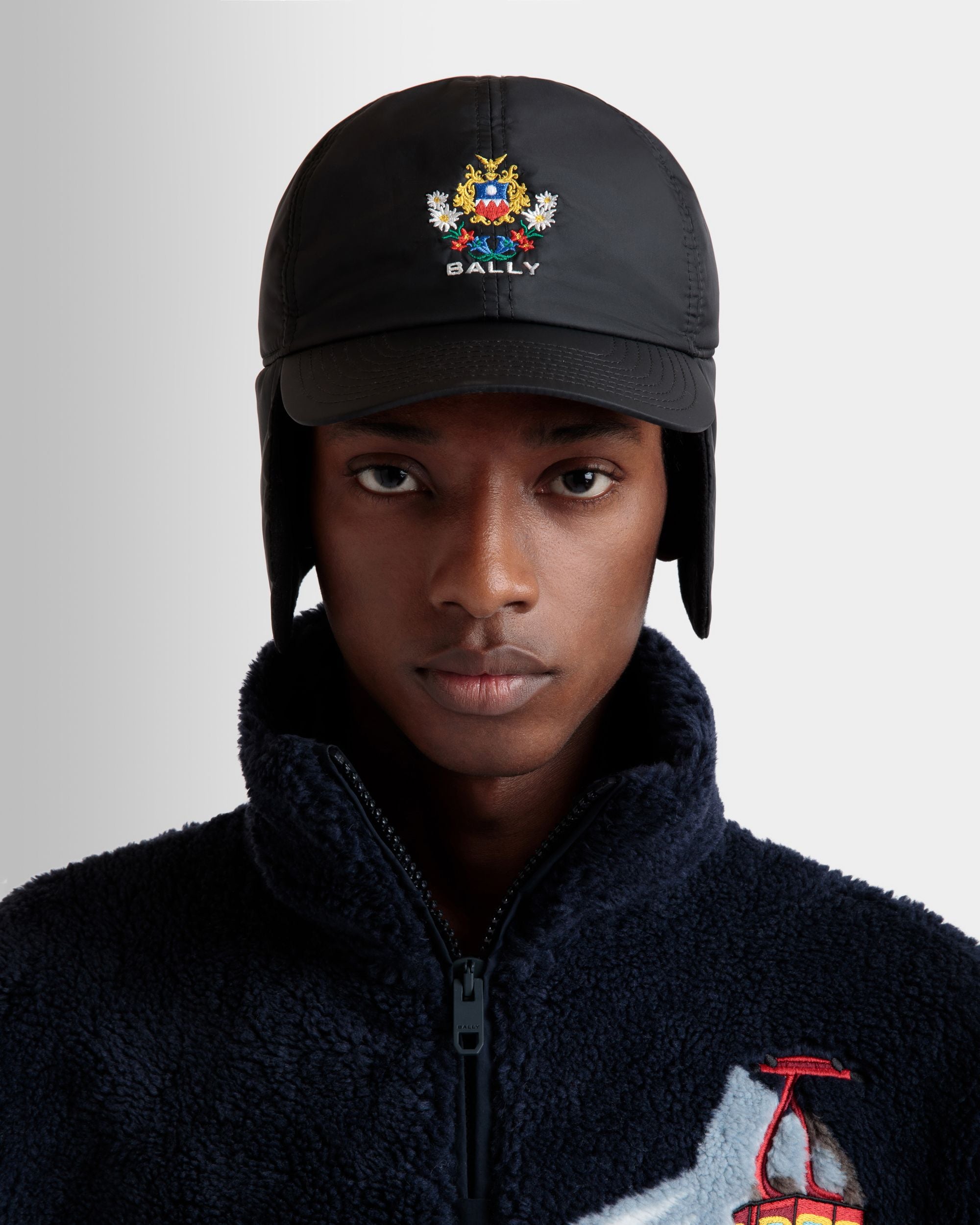 Winter Capsule Aviator Hat With Alpine Flowers in Black Recycled Nylon - Men's - Bally - 02