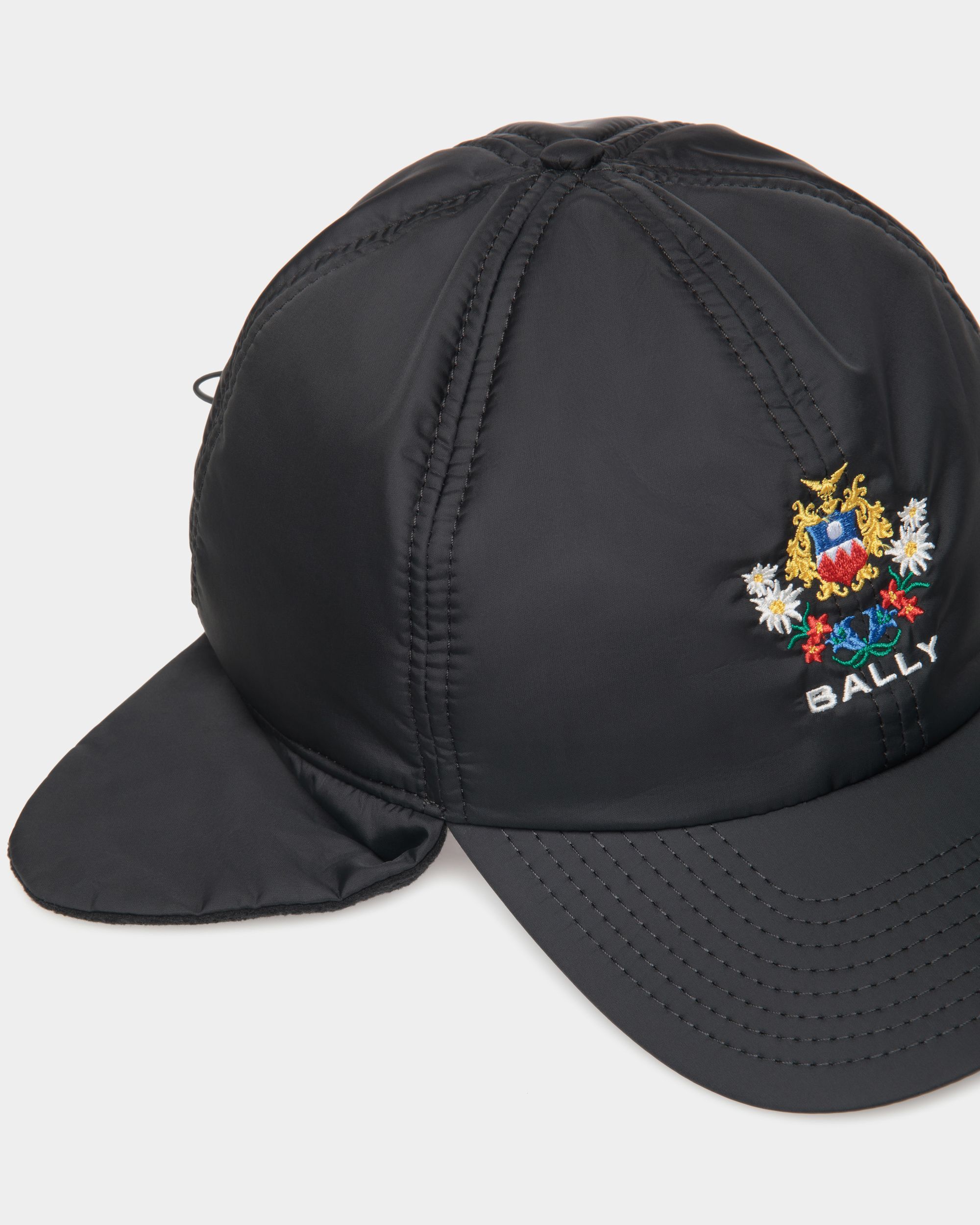 Winter Capsule Aviator Hat With Alpine Flowers in Black Recycled Nylon - Men's - Bally - 04