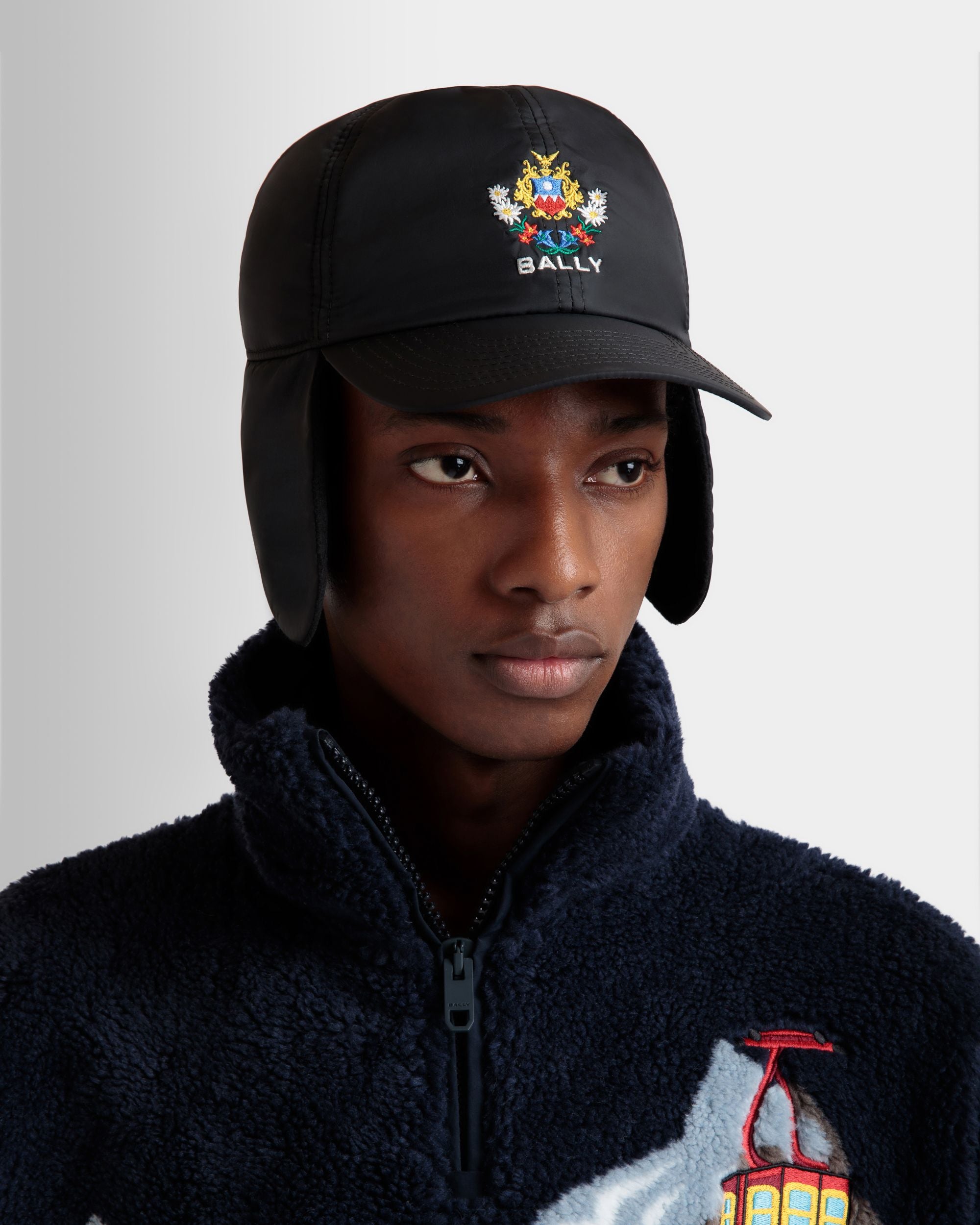 Winter Capsule Aviator Hat With Alpine Flowers in Black Recycled Nylon - Men's - Bally - 05