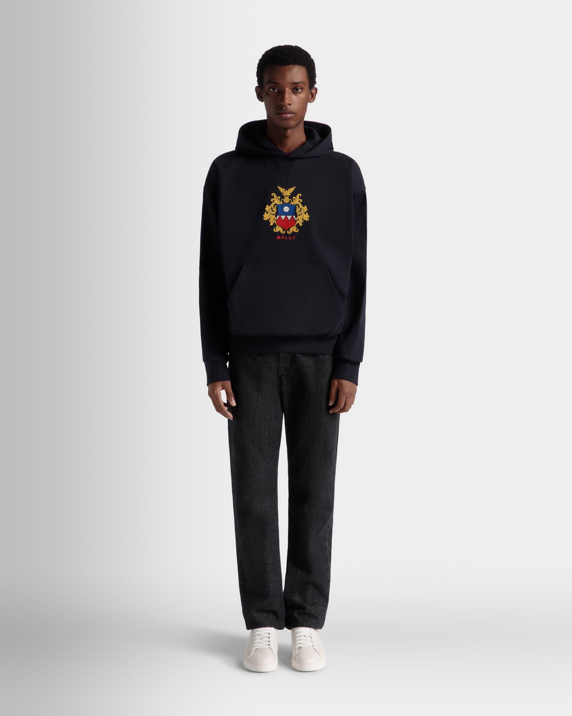 Hoodie With Bally Crest Logo In Navy Blue Cotton - Men's - Bally - 02