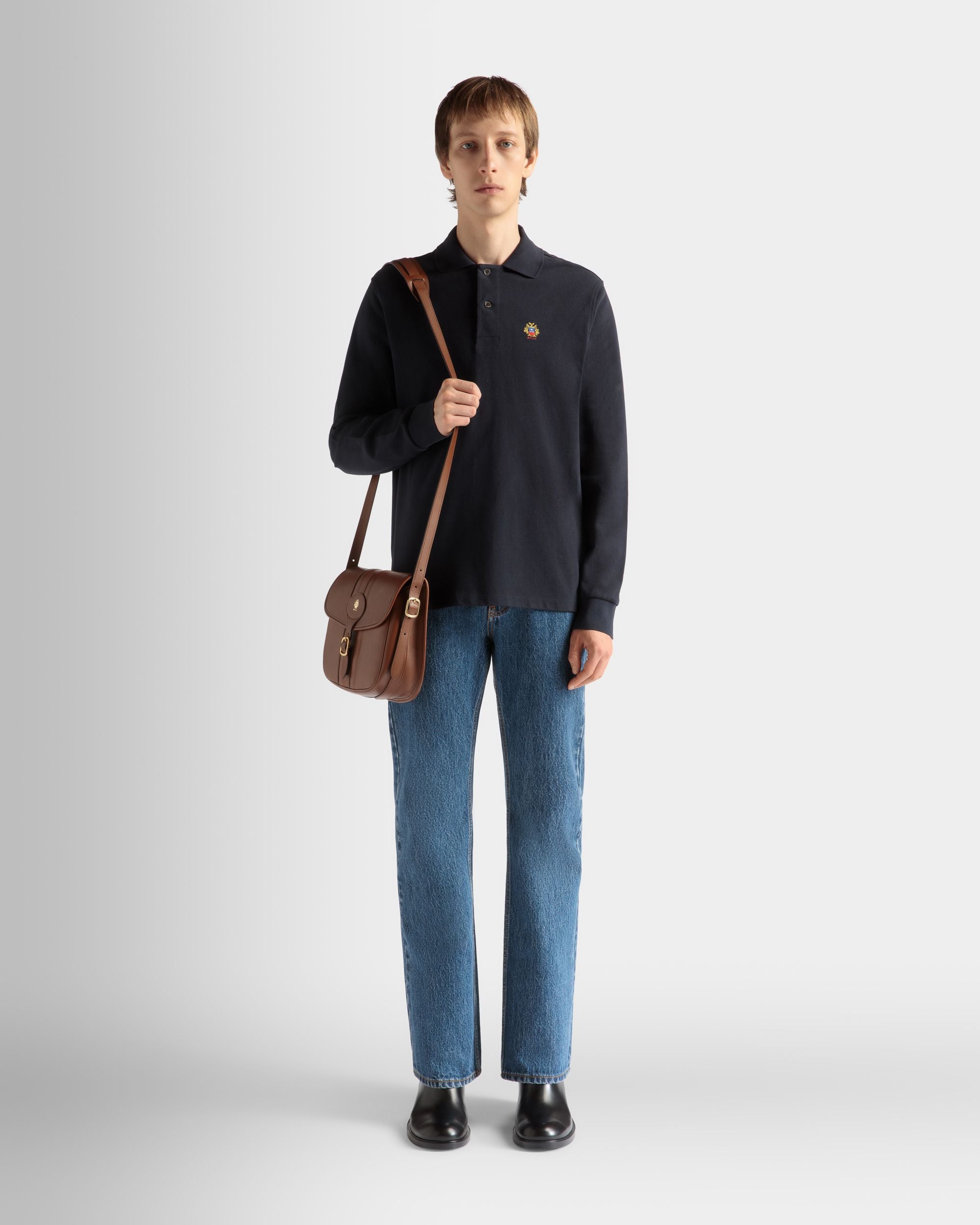 Long Sleeve Polo Shirt in Navy Blue Cotton - Men's - Bally - 02