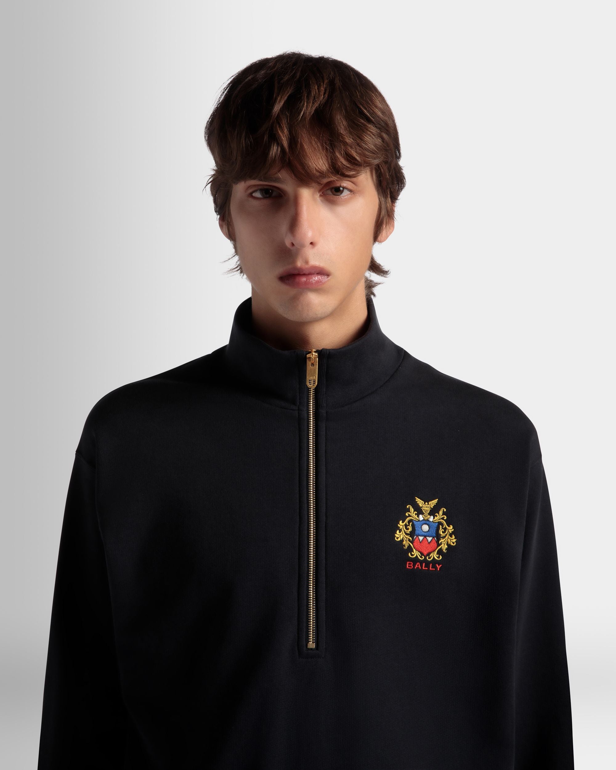 Half Zip Sweatshirt With a Bally Crest Logo In Navy Blue Cotton - Men's - Bally - 03