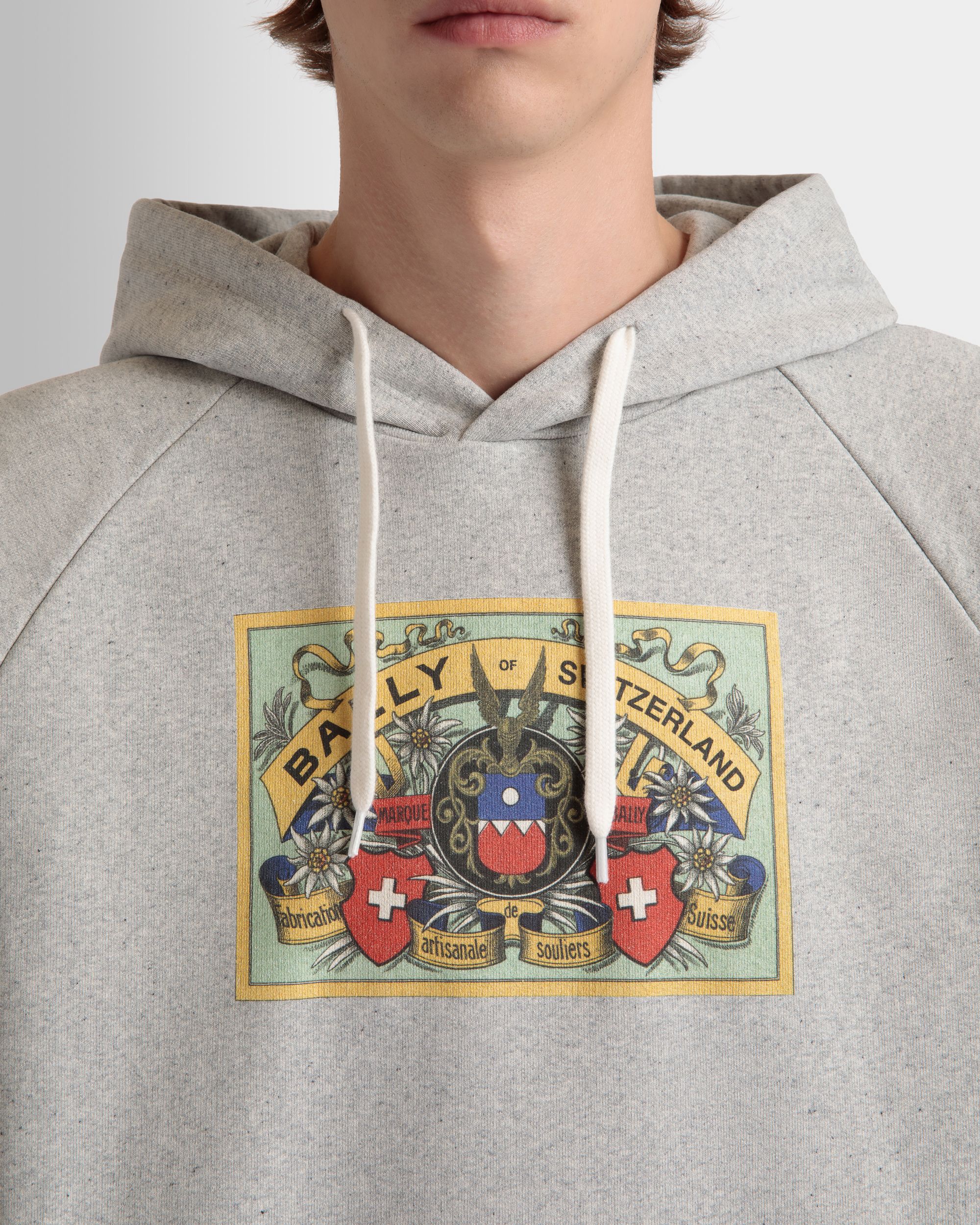 Hoodie With Bally Crest Label In Grey Melange Cotton - Men's - Bally - 04