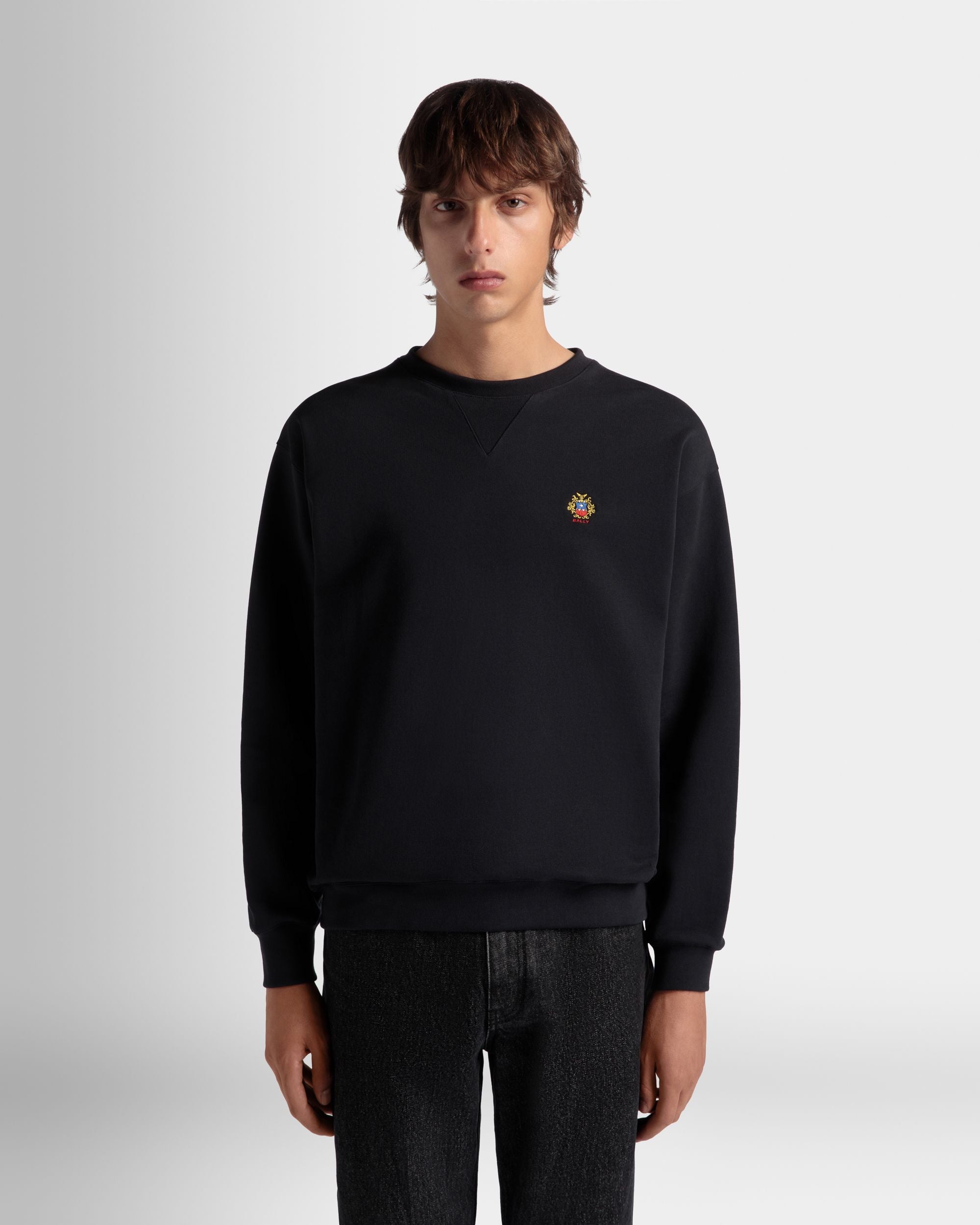 Crewneck Sweatshirt With a Bally Crest Logo In Navy Blue Cotton - Men's - Bally - 08