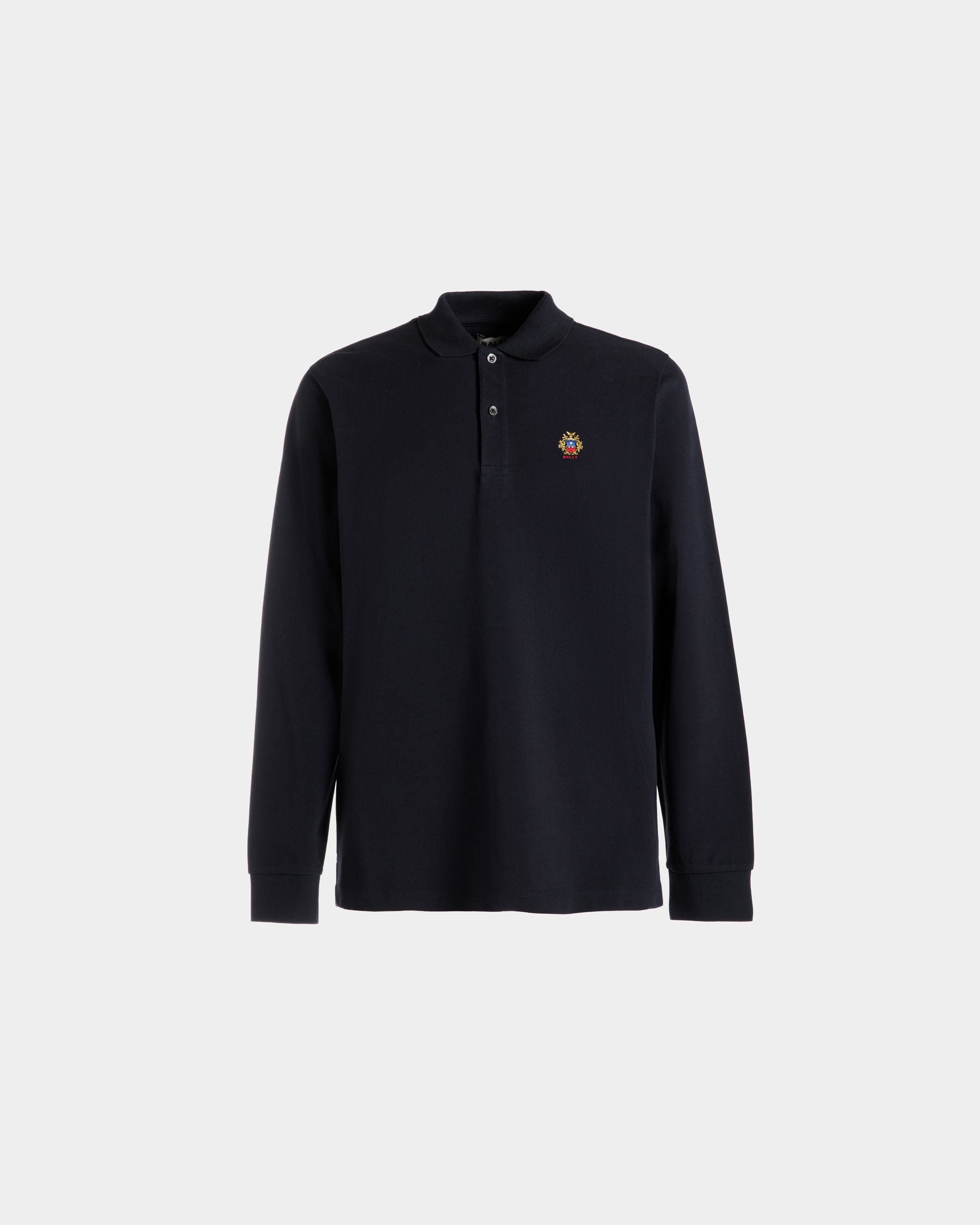 Long Sleeve Polo With a Bally Crest Logo In Navy Blue Cotton - Men's - Bally - 01