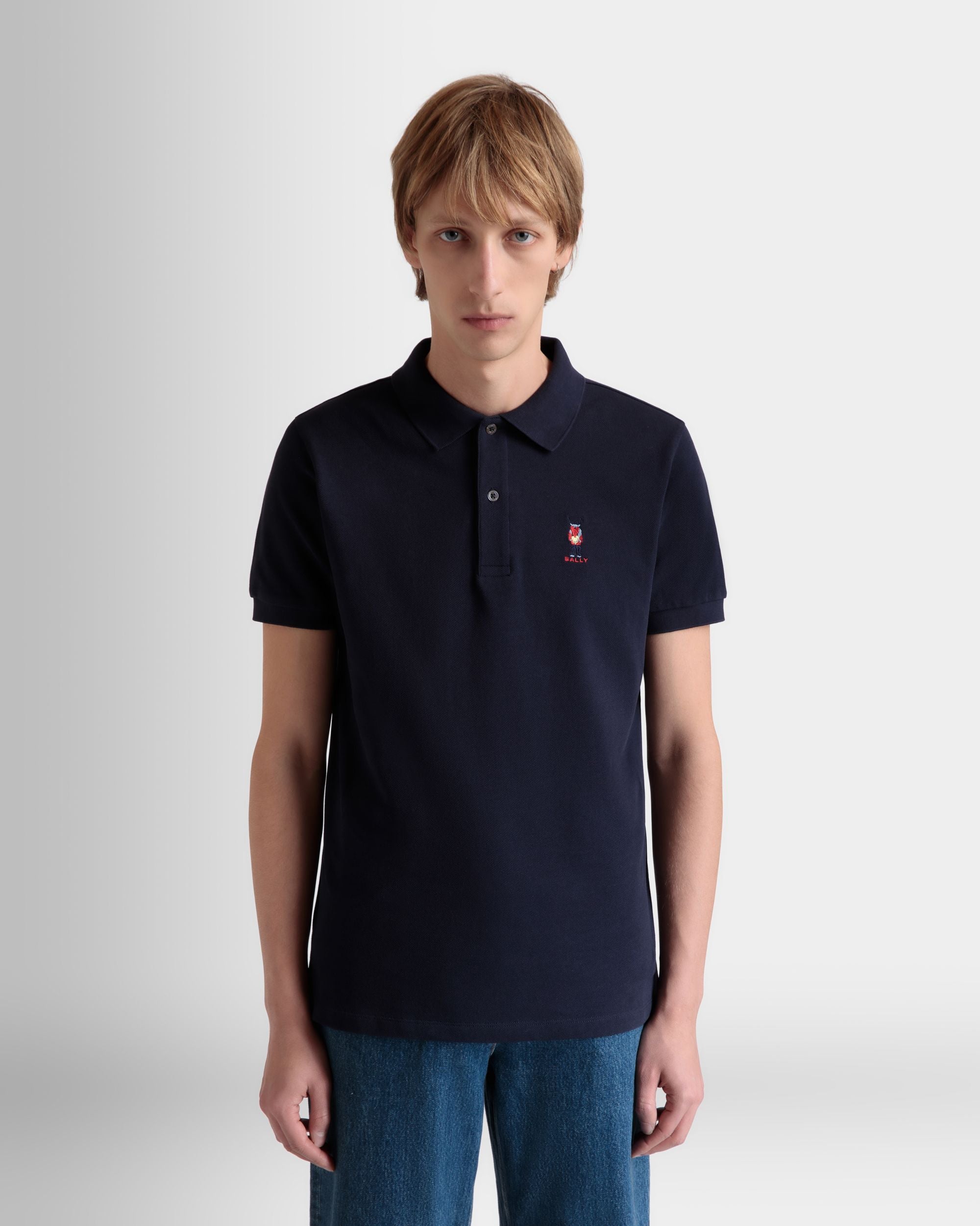 Polo With Forest Mask In Navy Blue Cotton - Men's - Bally - 03