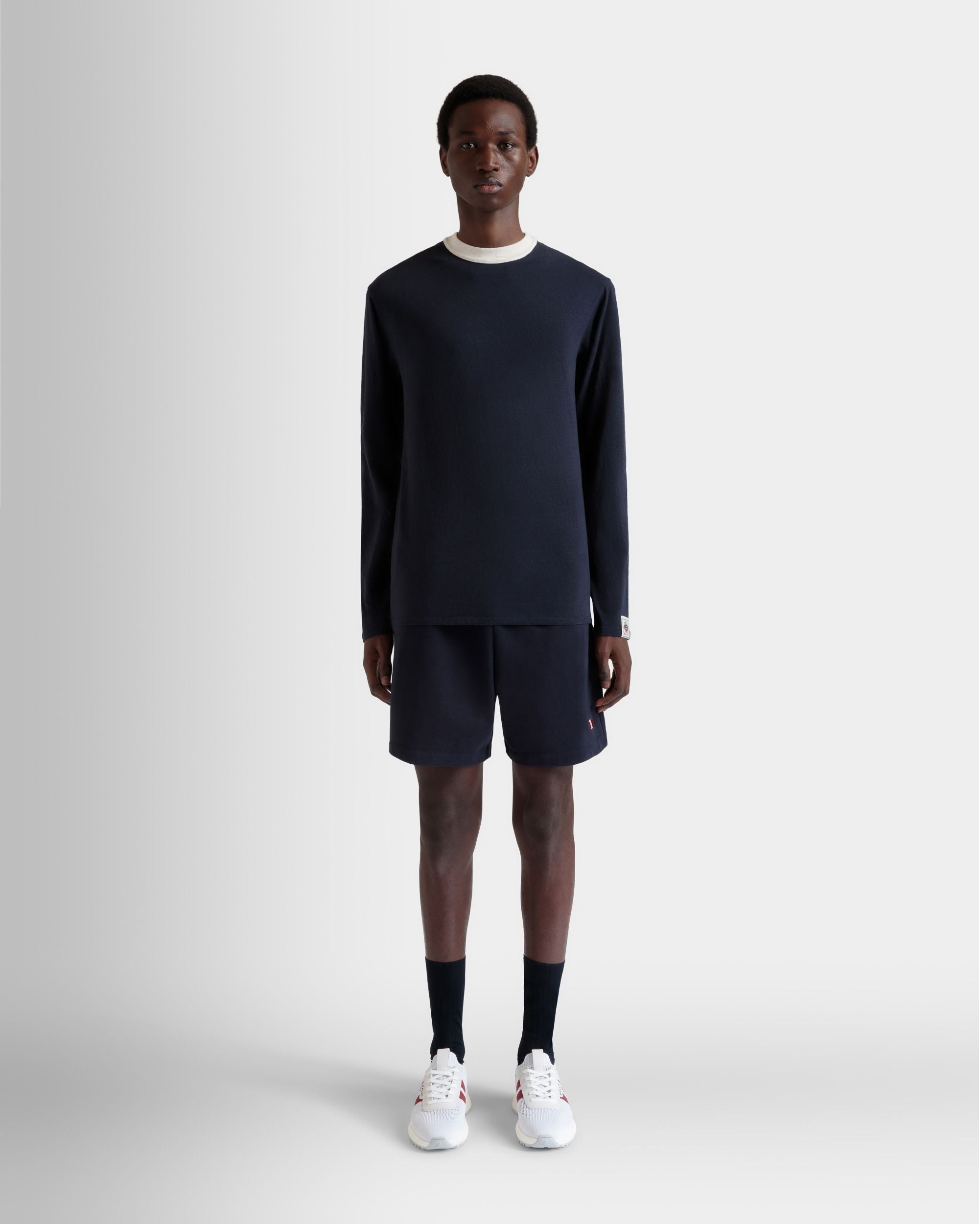 Long Sleeve T-Shirt in Navy Blue Stretch Cotton - Men's - Bally - 02