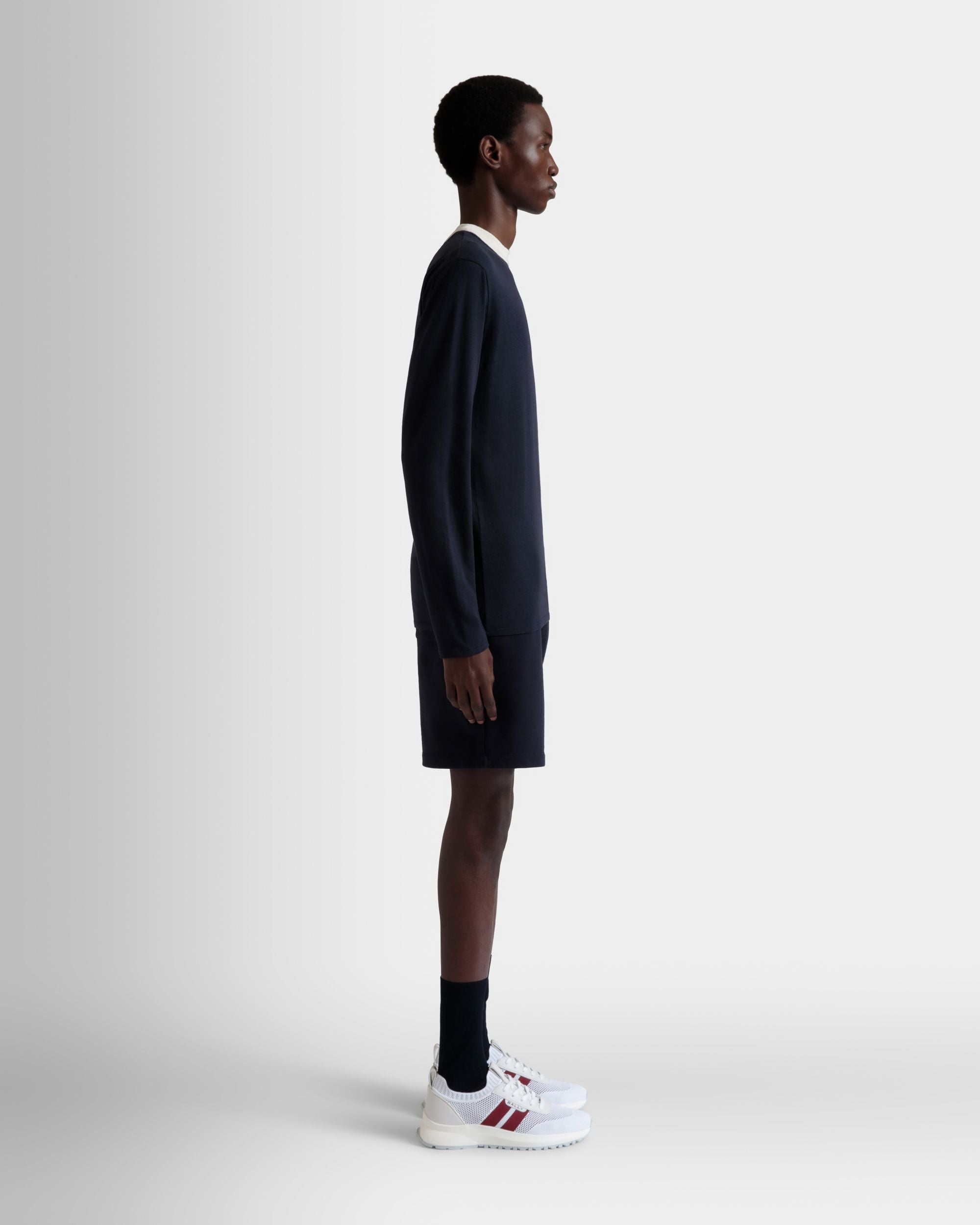 Long Sleeve T-Shirt in Navy Blue Stretch Cotton - Men's - Bally - 05