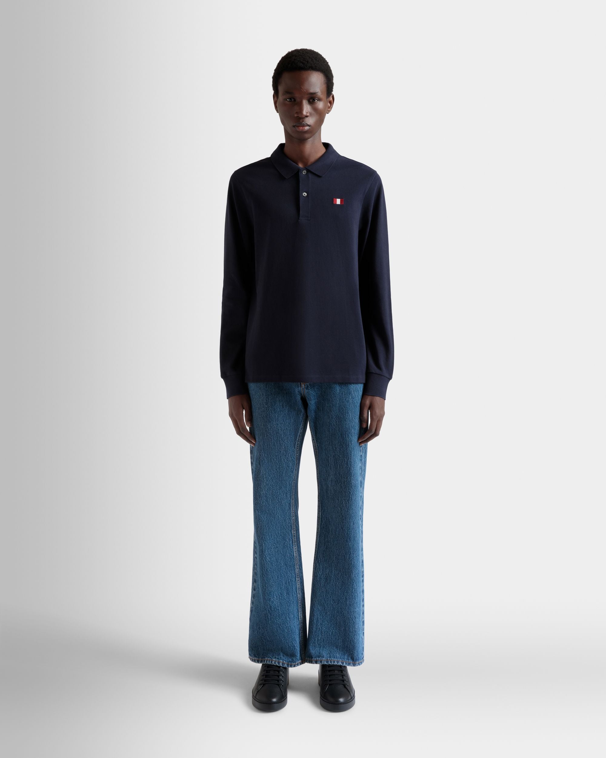 Long Sleeve Polo With Bally Flag in Navy Blue Cotton - Men's - Bally - 02
