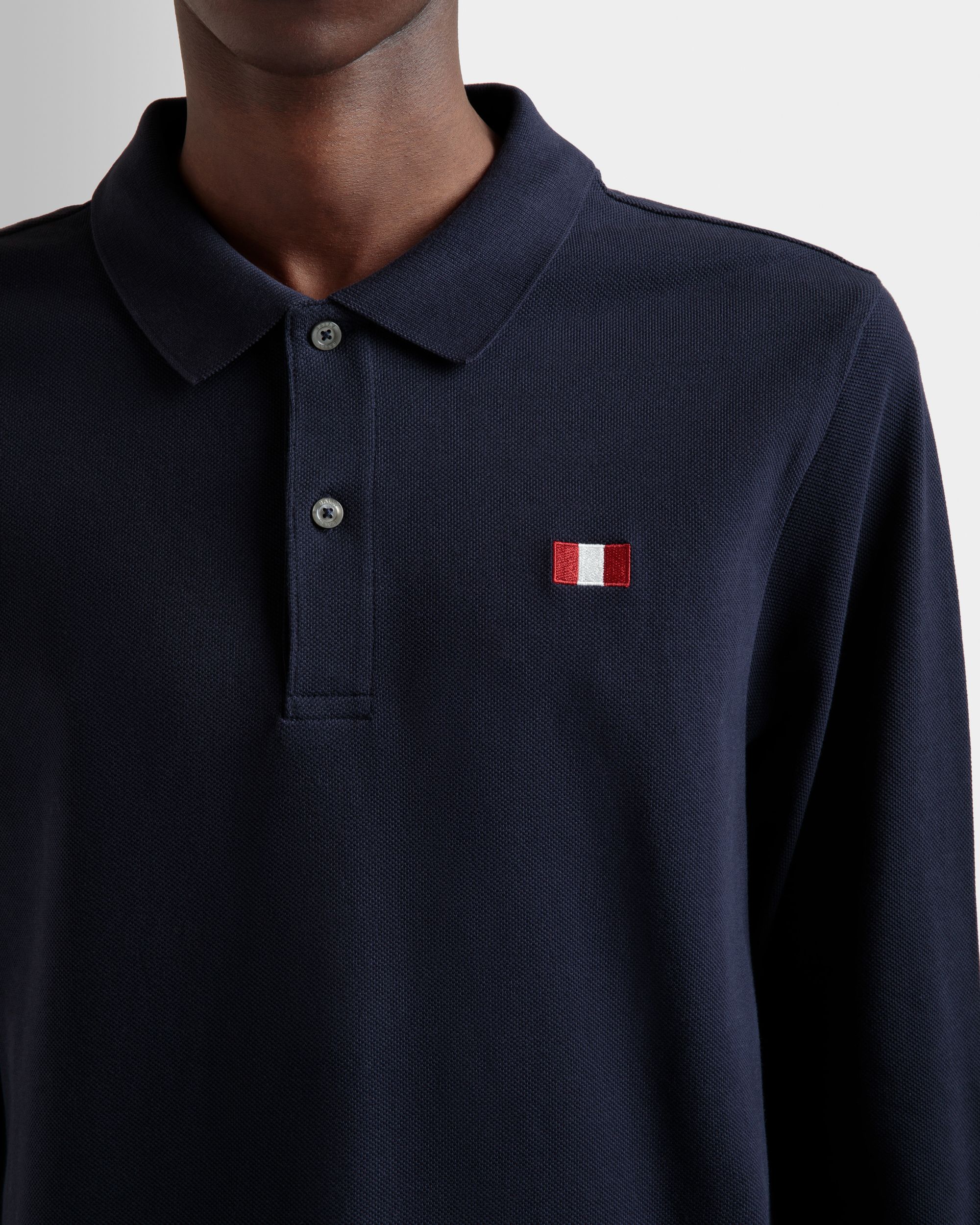 Long Sleeve Polo With Bally Flag in Navy Blue Cotton - Men's - Bally - 03