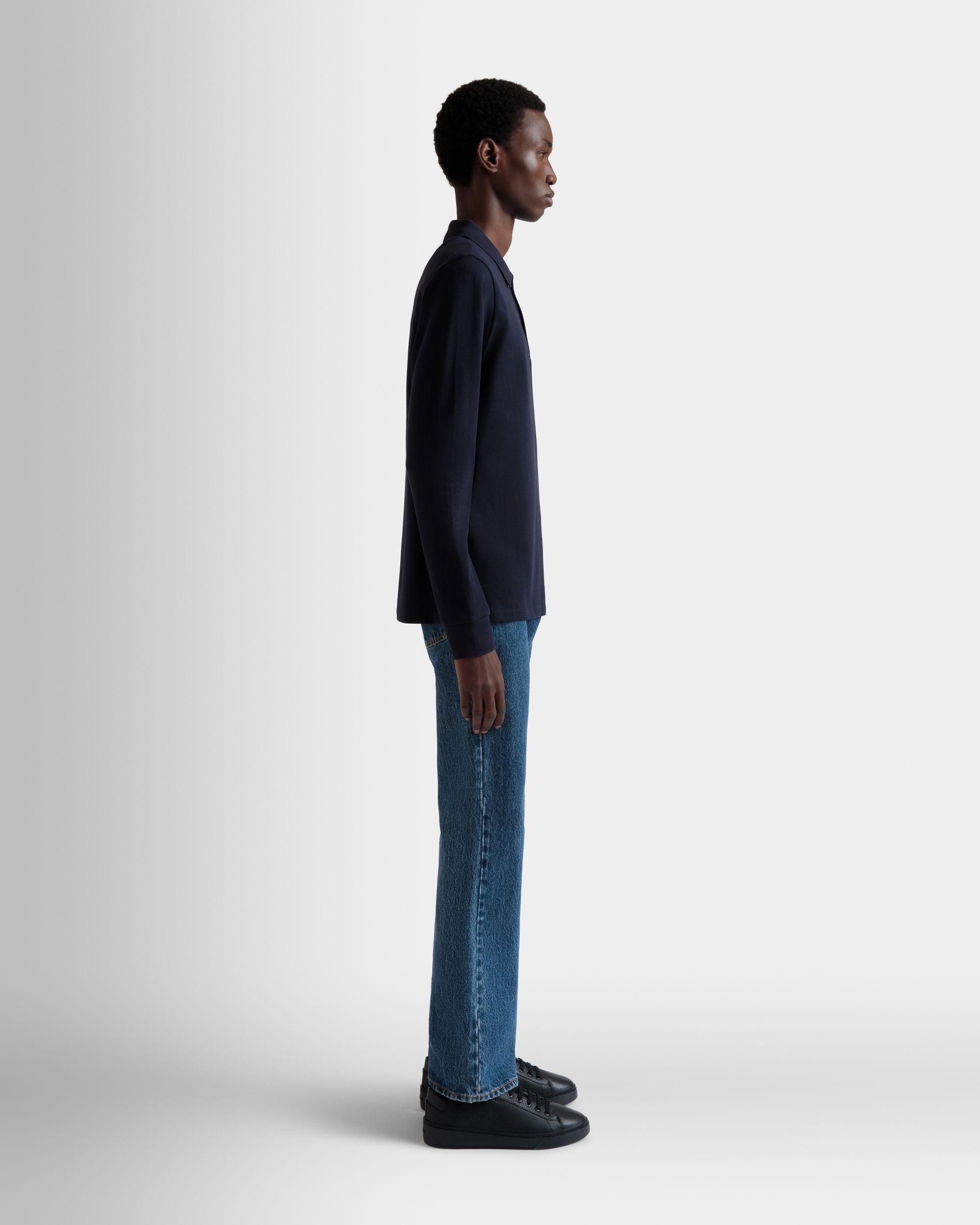 Long Sleeve Polo With Bally Flag in Navy Blue Cotton - Men's - Bally - 05