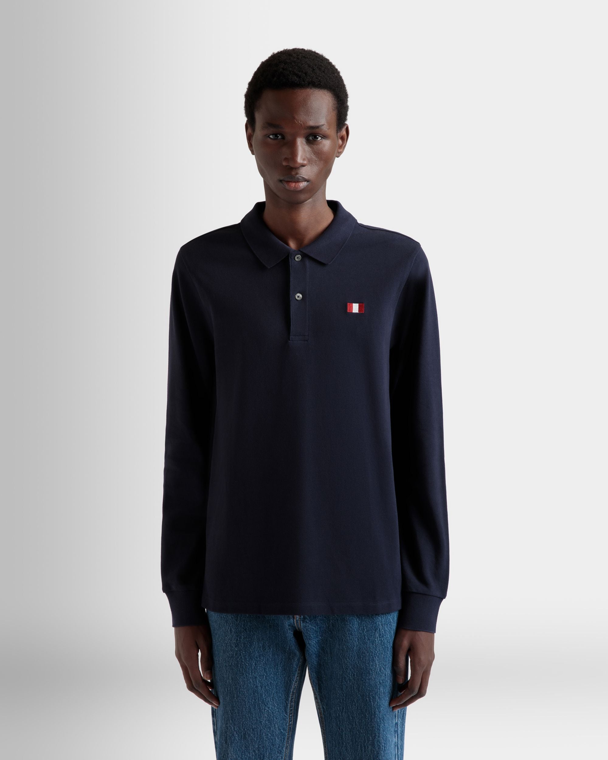 Long Sleeve Polo With Bally Flag in Navy Blue Cotton - Men's - Bally - 08
