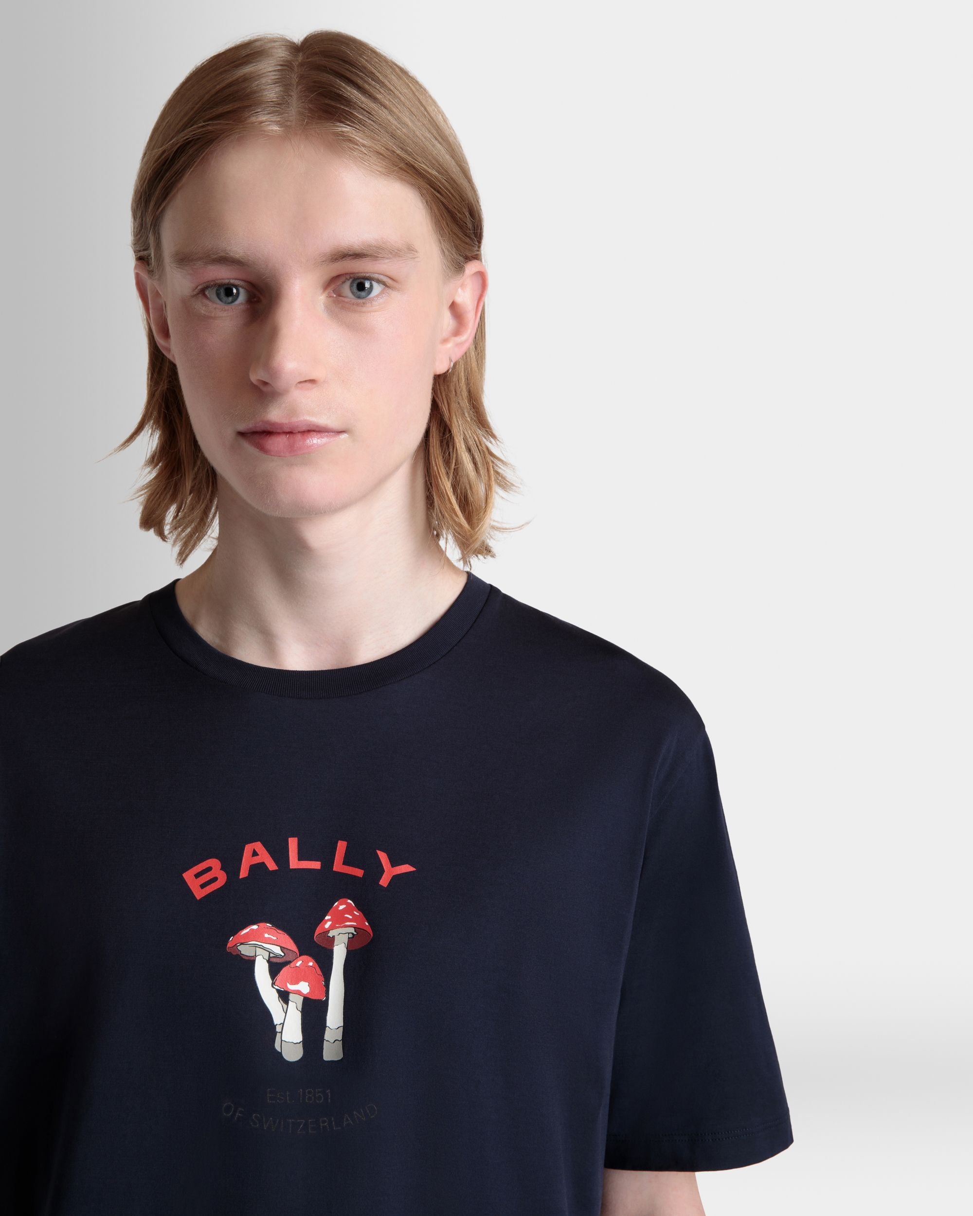 T-Shirt With Enchanting Mushrooms in Navy Blue Cotton - Men's - Bally - 03