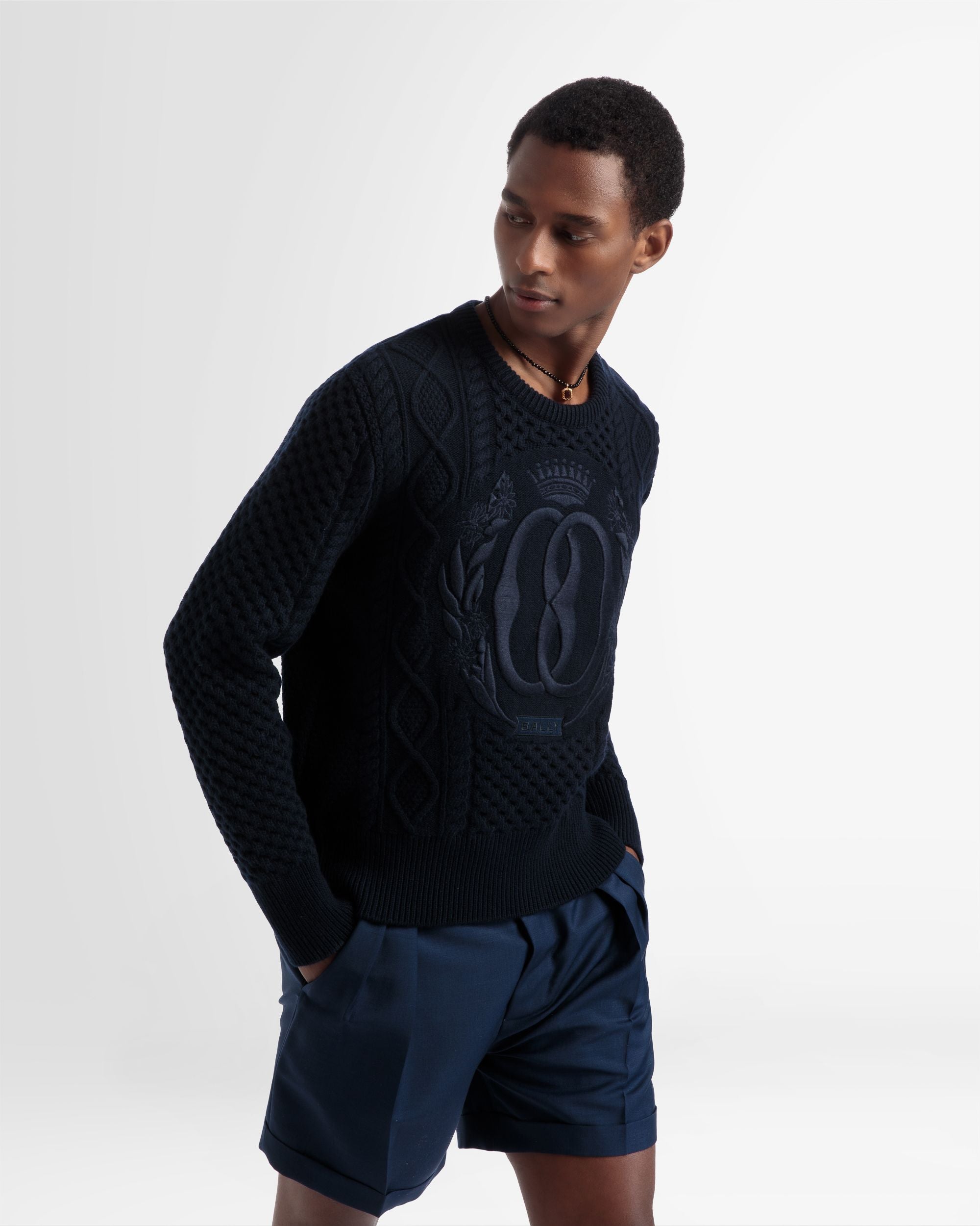 Knitted Crew Neck In Navy Wool - Men's - Bally - 03