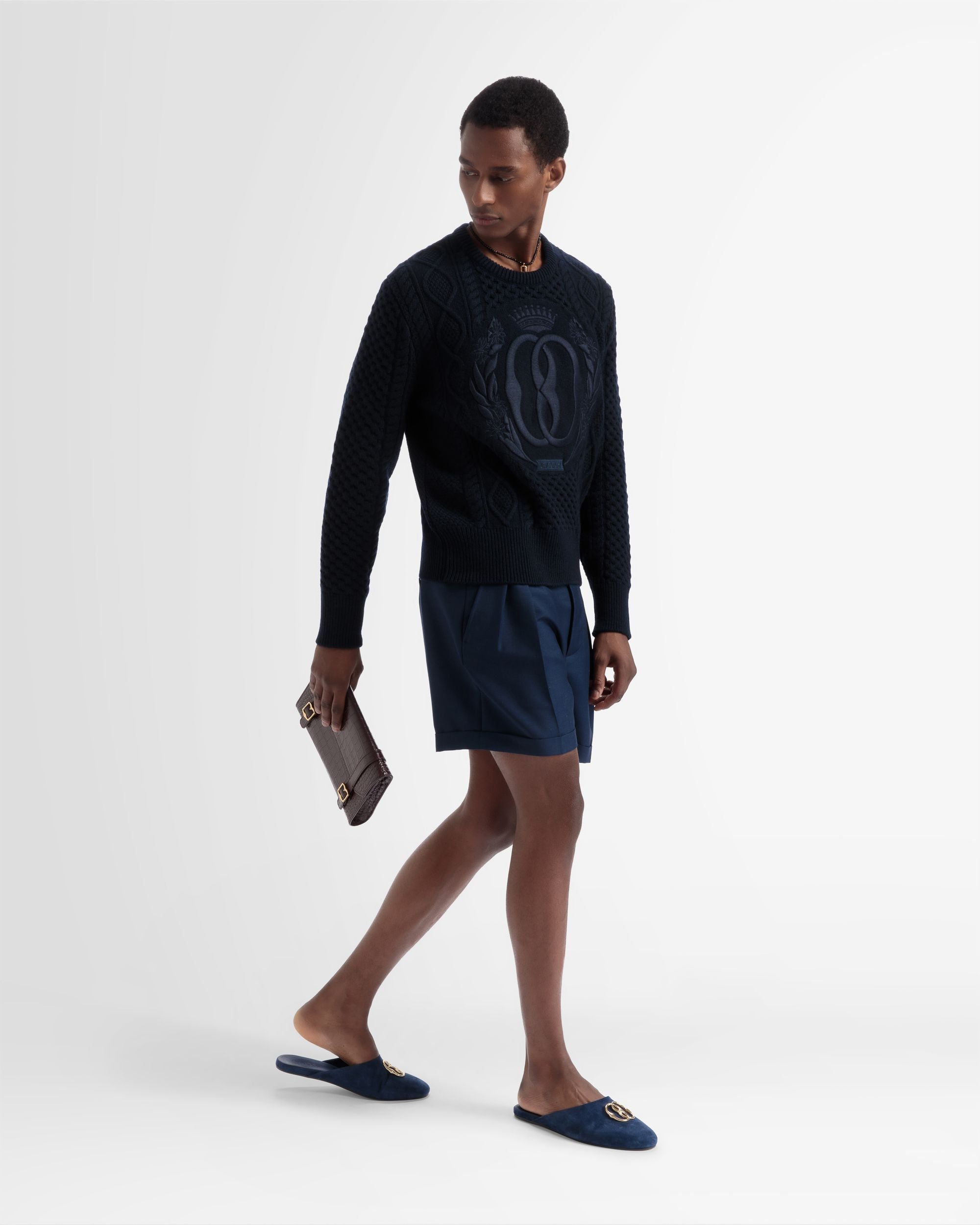 Knitted Crew Neck In Navy Wool - Men's - Bally - 05