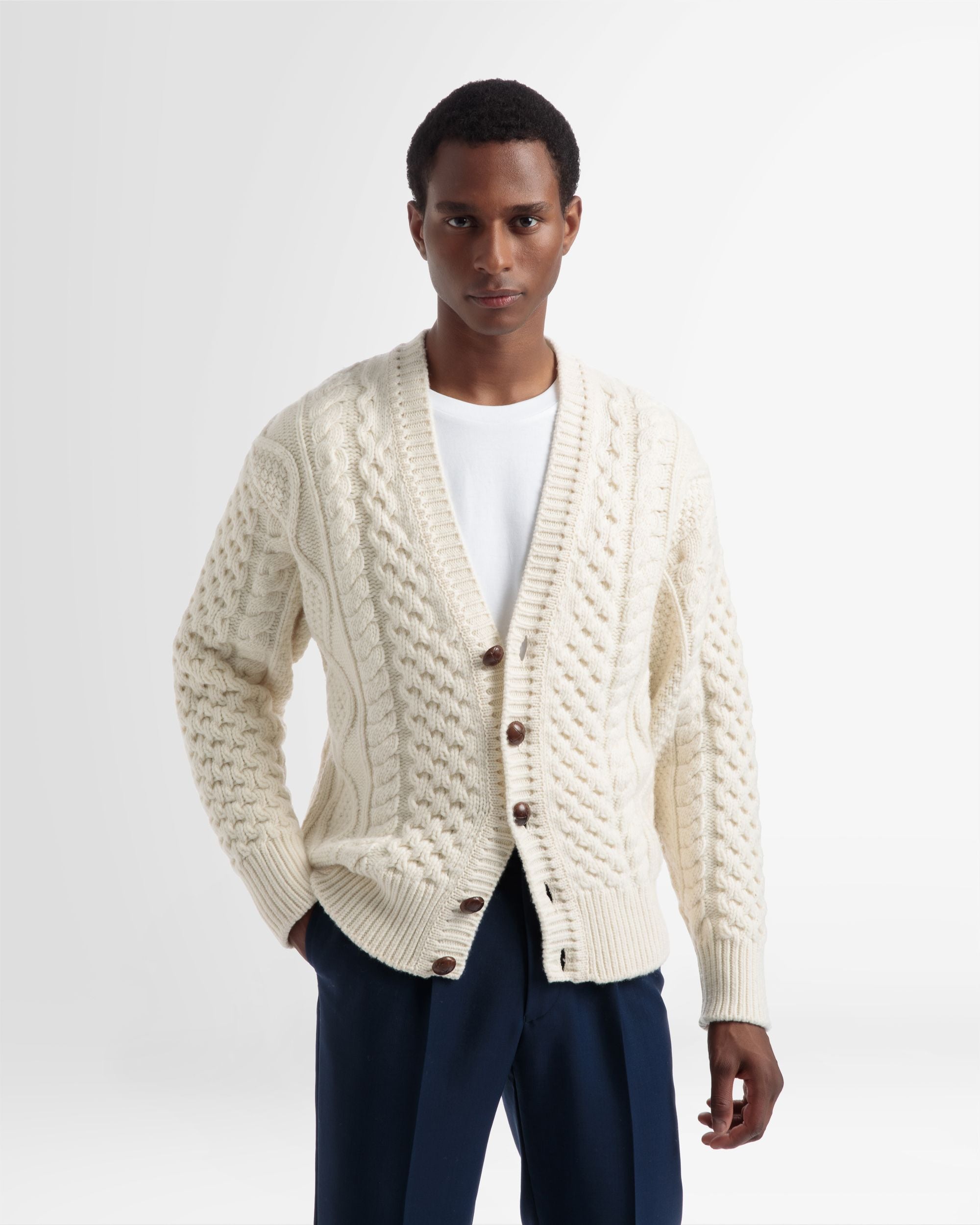 Knitted V-Neck Cardigan In Bone - Men's - Bally - 03