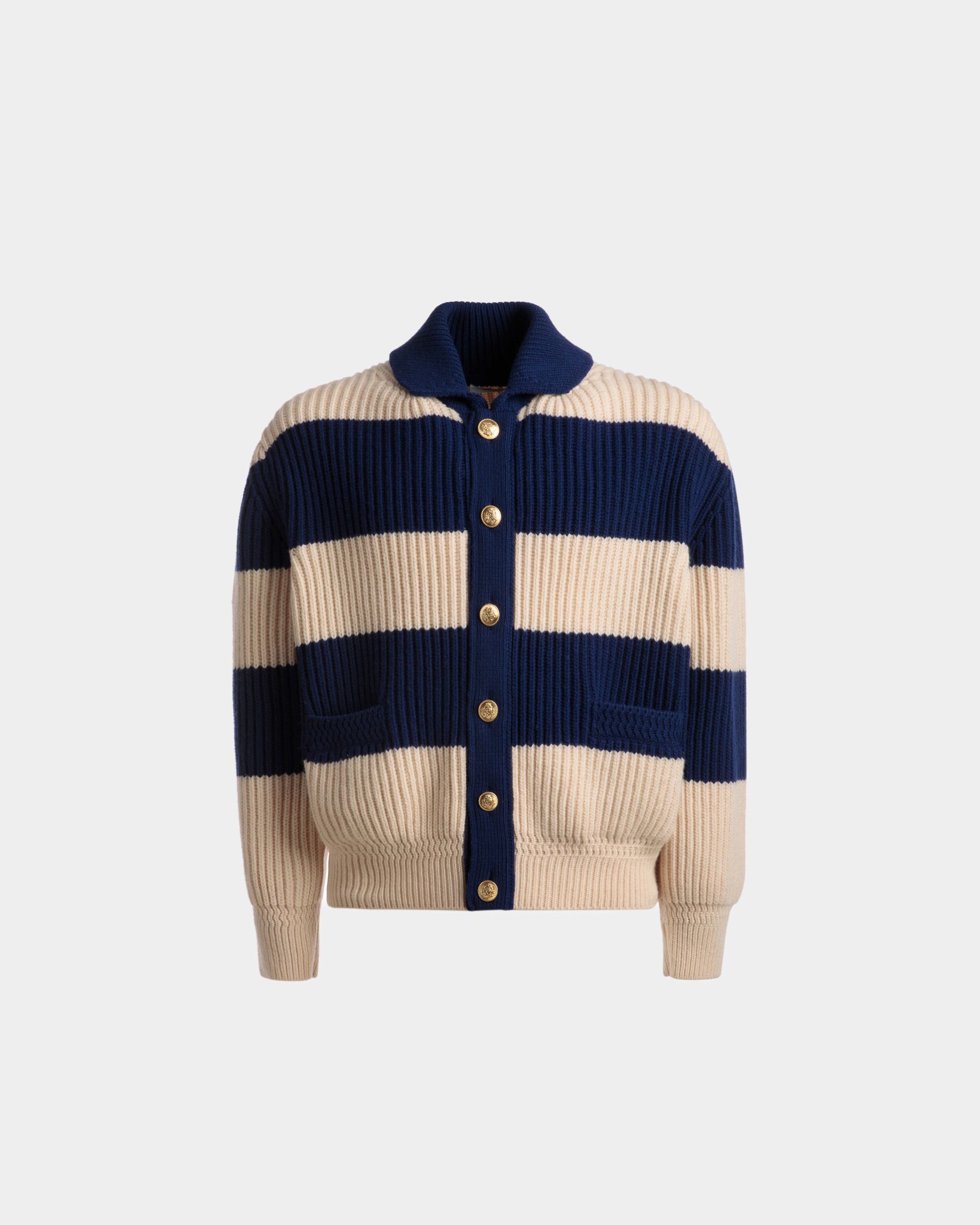 Striped Cardigan In Bone And Marine Wool - Men's - Bally - 01