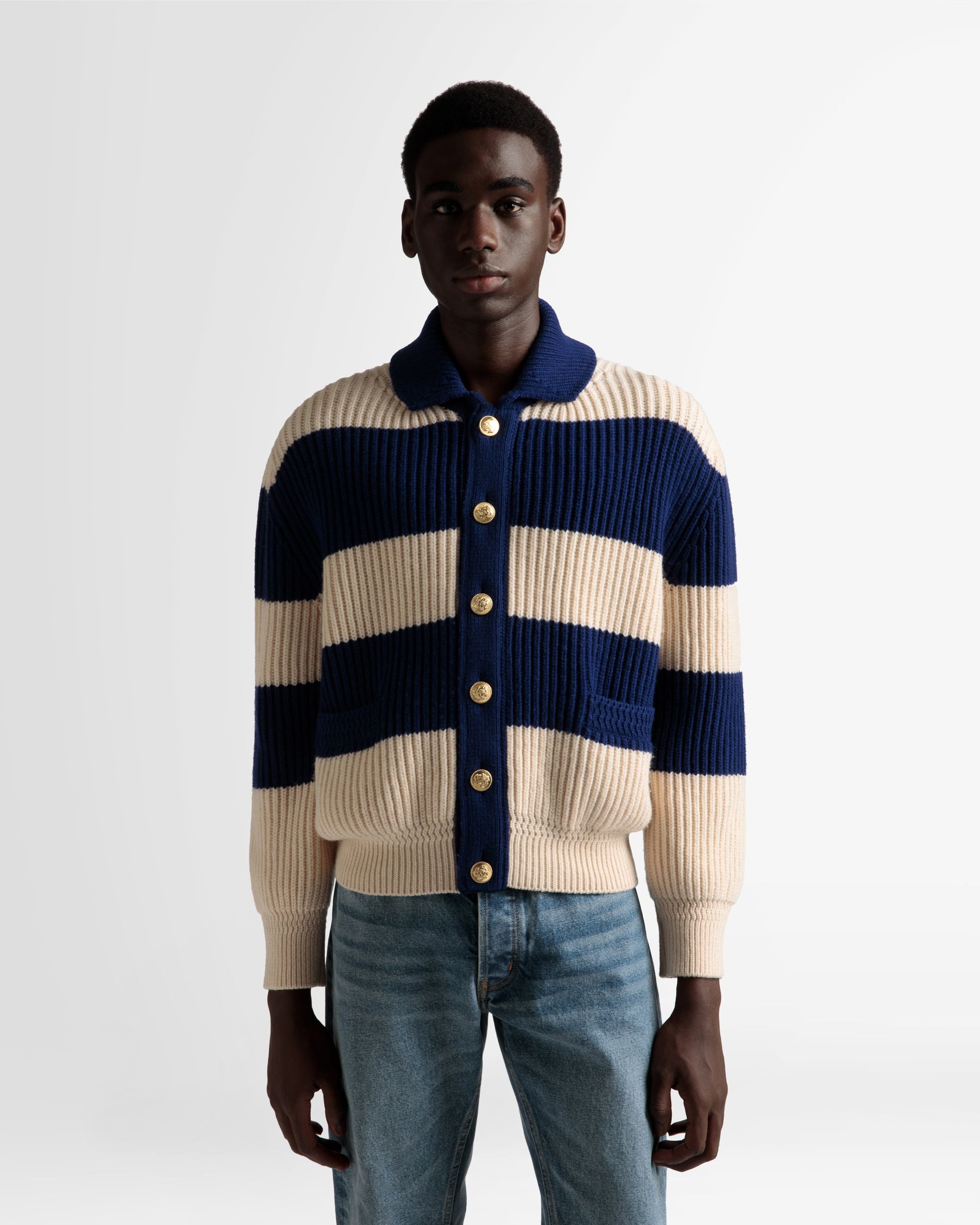 Striped Cardigan In Bone And Marine Wool - Men's - Bally - 03