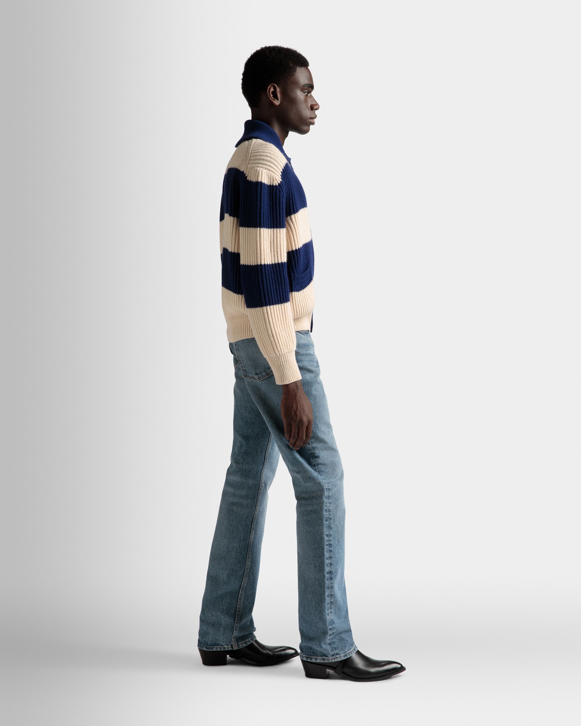 Striped Cardigan In Bone And Marine Wool - Men's - Bally - 05