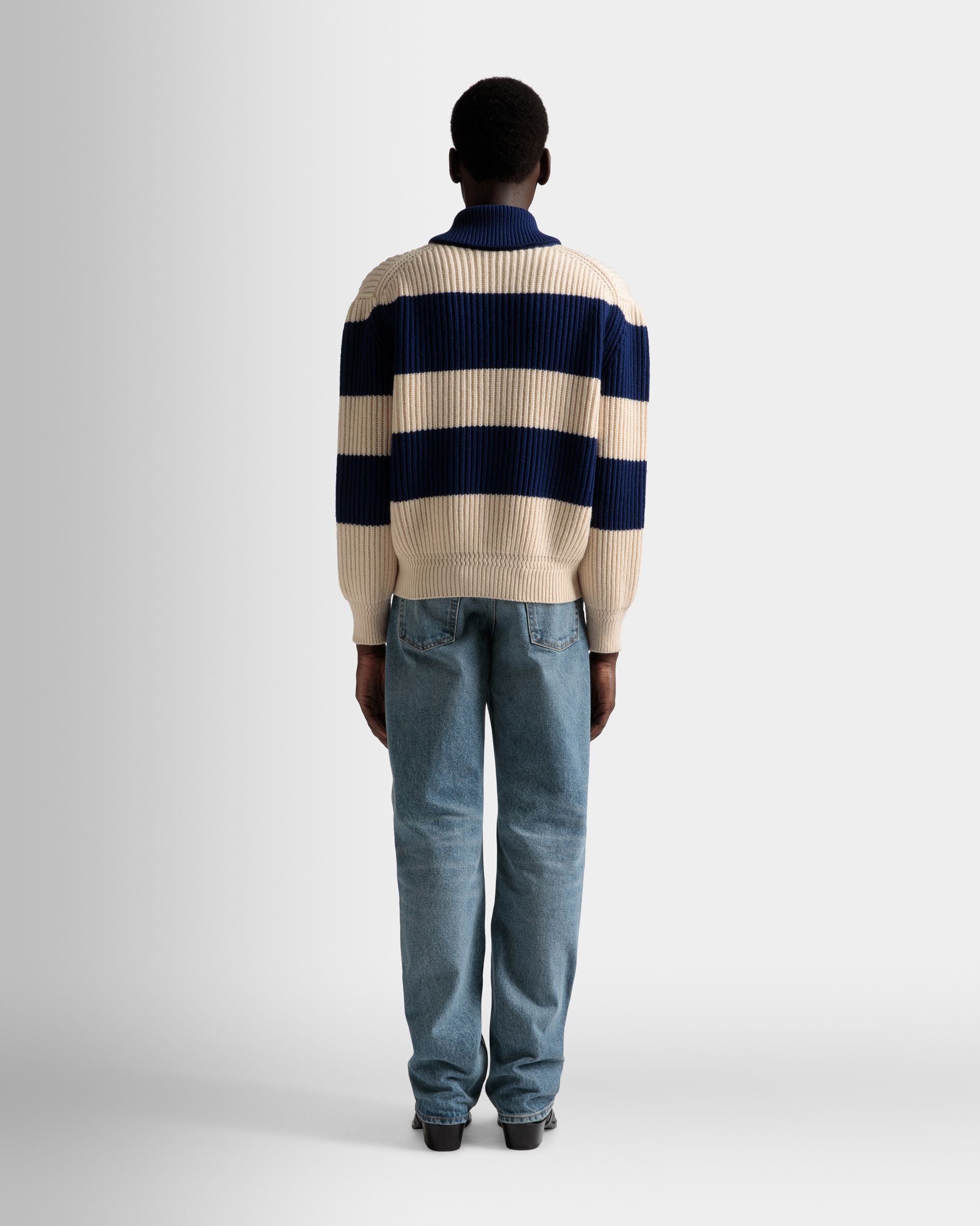 Striped Cardigan In Bone And Marine Wool - Men's - Bally - 06