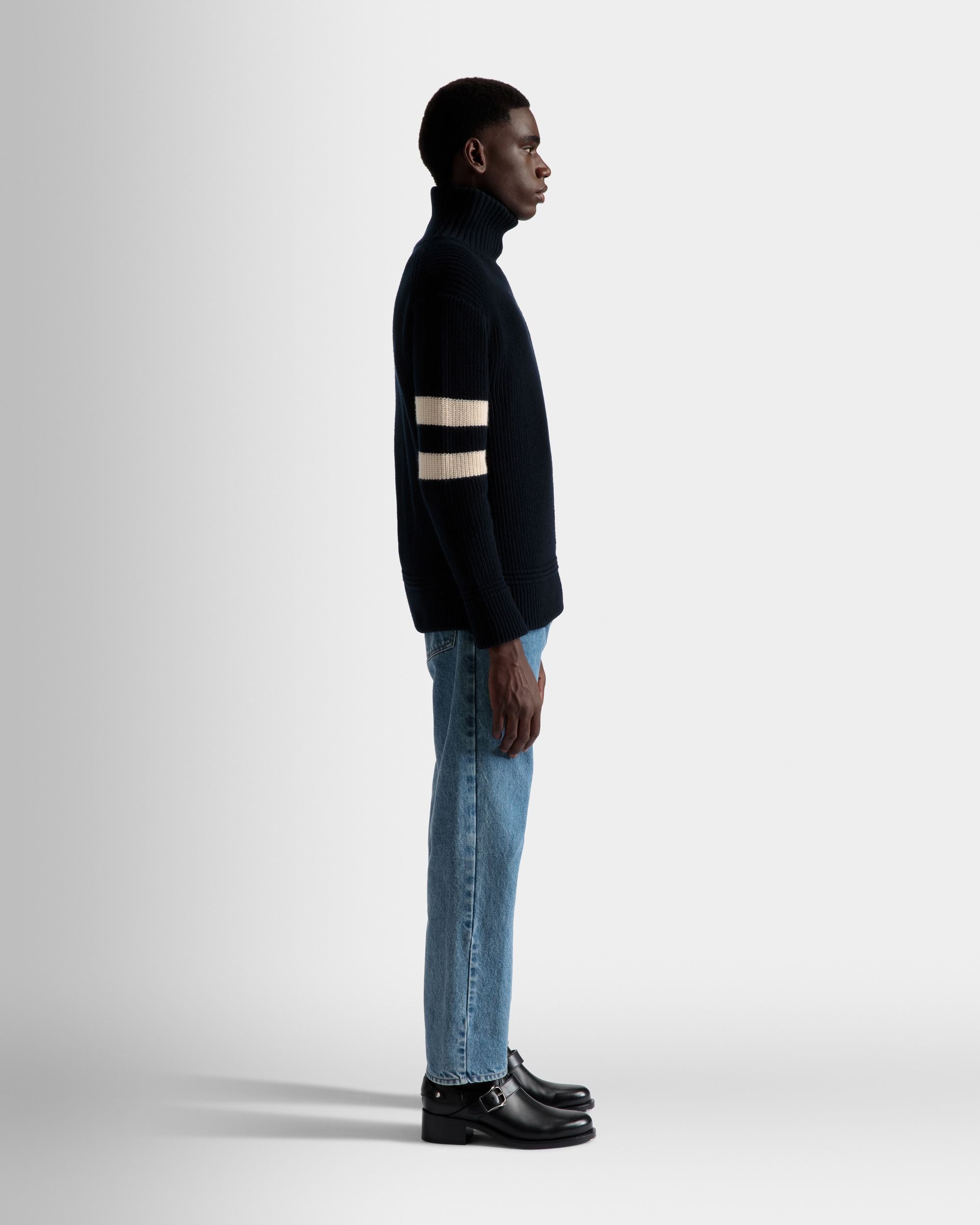 Roll Neck Sweater In Bone and Ink Wool - Men's - Bally - 05