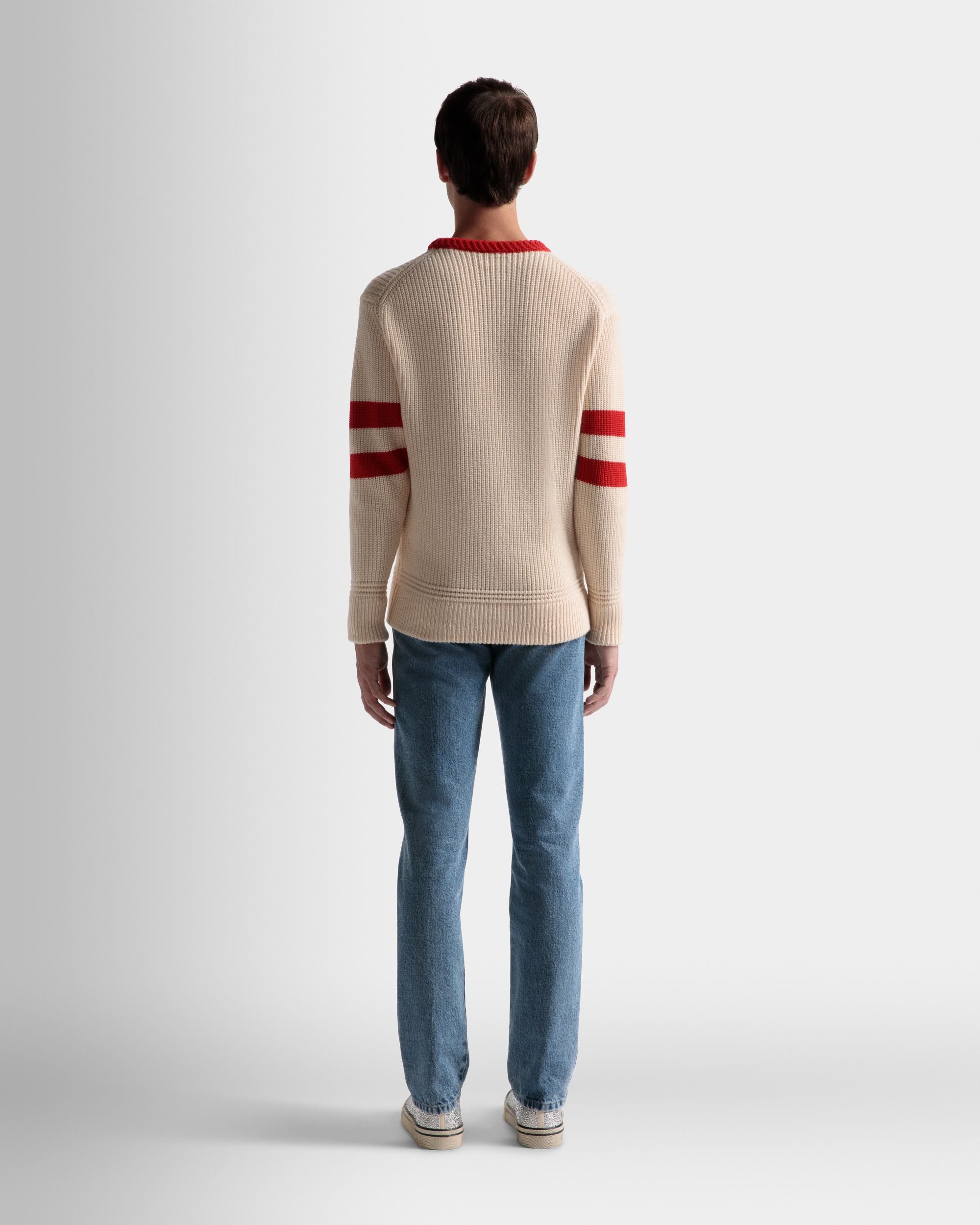 Crew Neck Sweater In Bone and Red Wool - Men's - Bally - 06