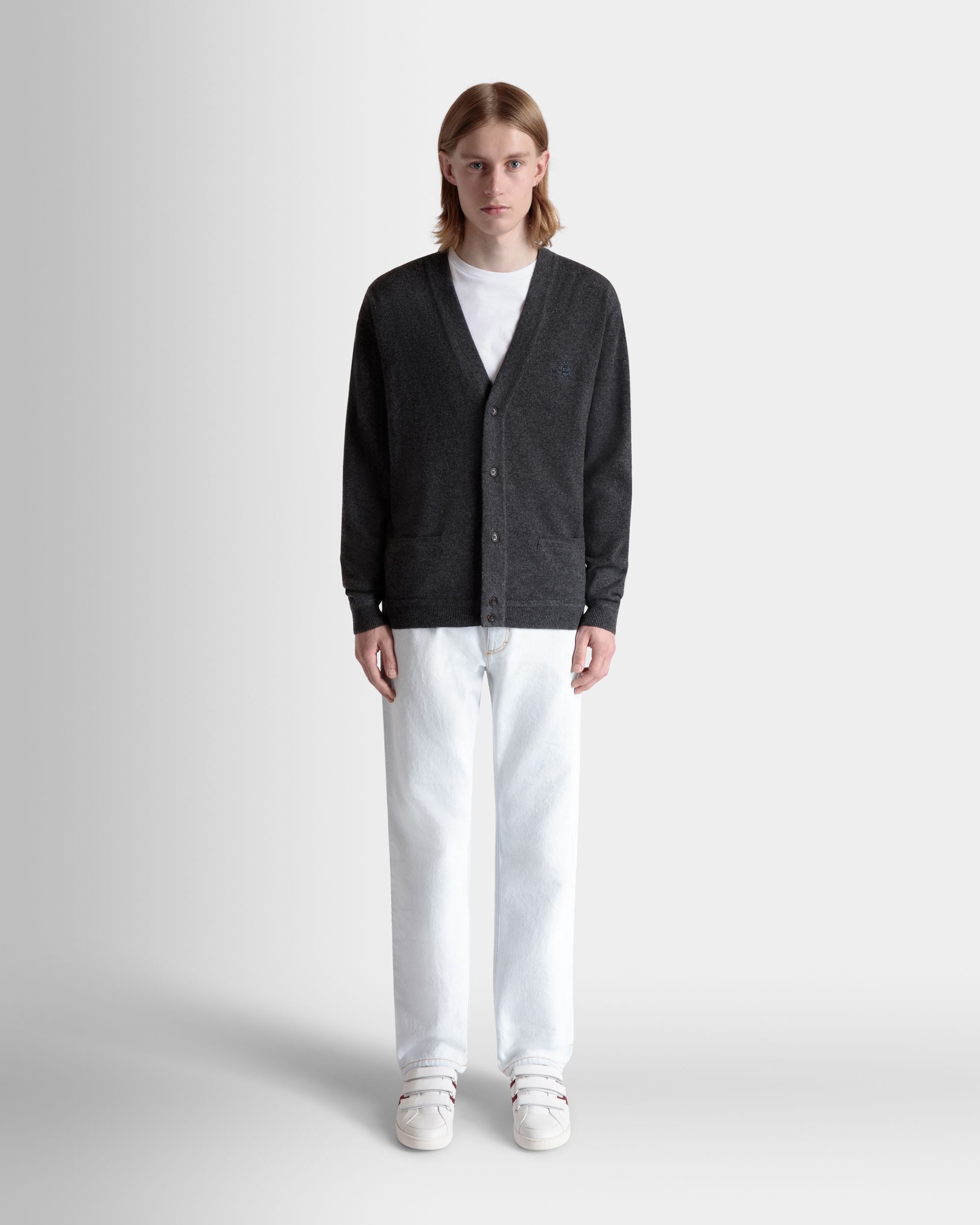Cardigan With Bally Crest Logo in Dark Grey Cashmere - Men's - Bally - 02