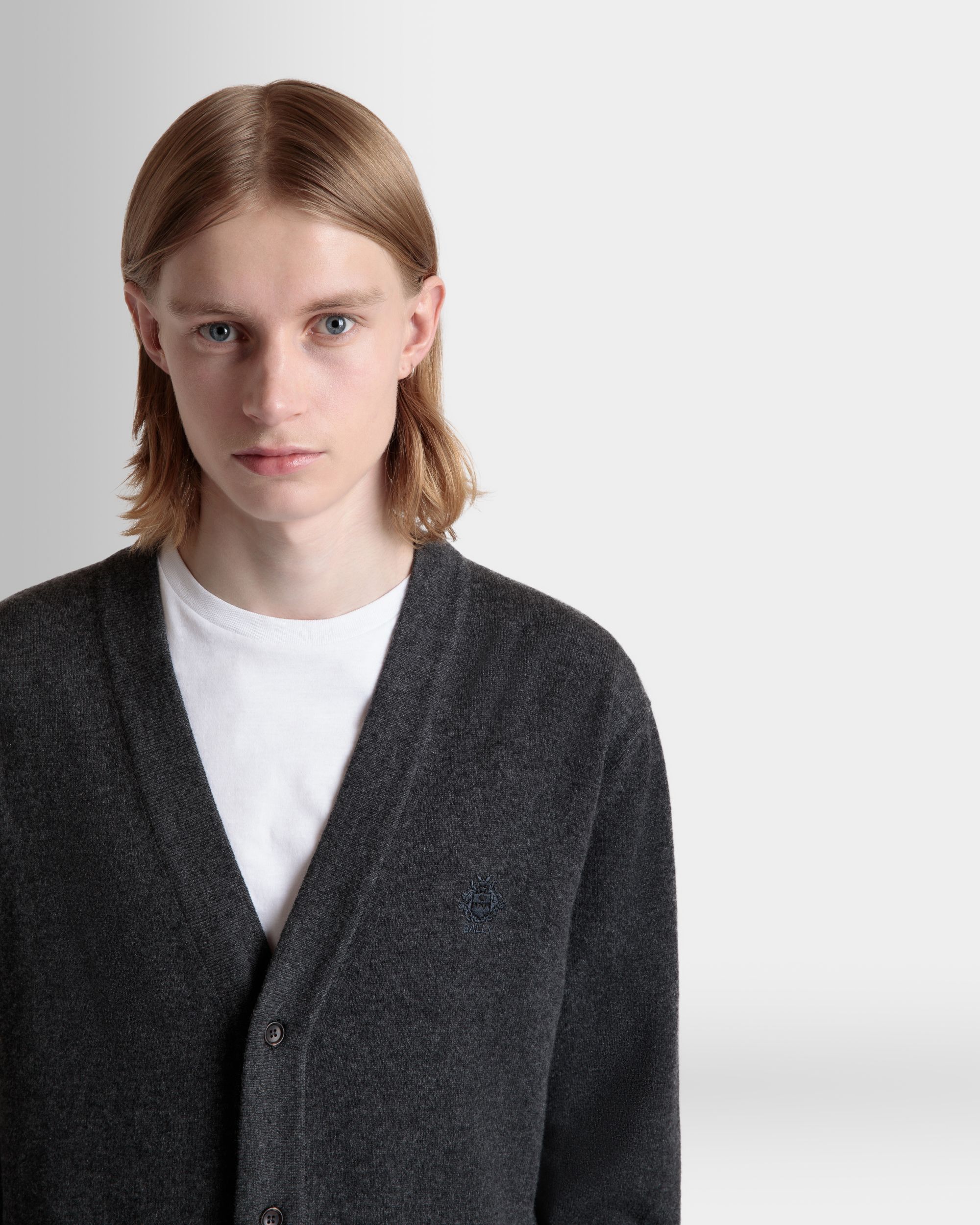 Cardigan With Bally Crest Logo in Dark Grey Cashmere - Men's - Bally - 03