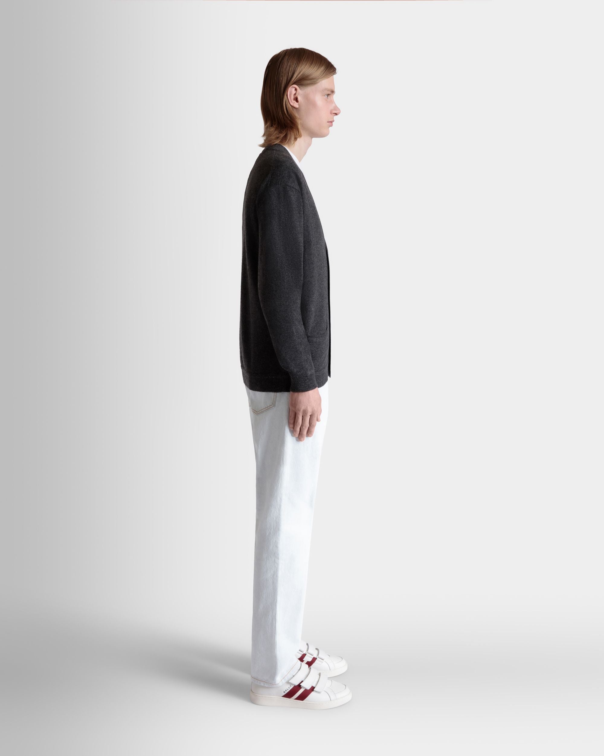 Cardigan With Bally Crest Logo in Dark Grey Cashmere - Men's - Bally - 05