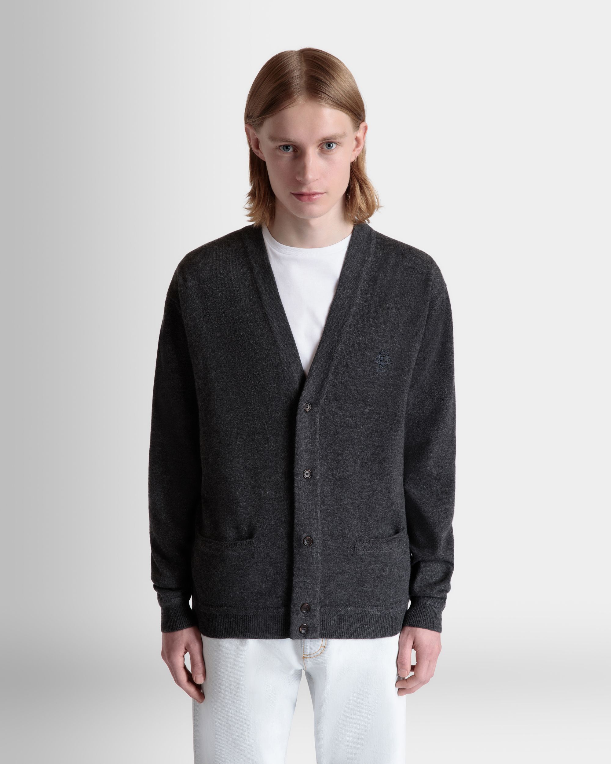 Cardigan With Bally Crest Logo in Dark Grey Cashmere - Men's - Bally - 08