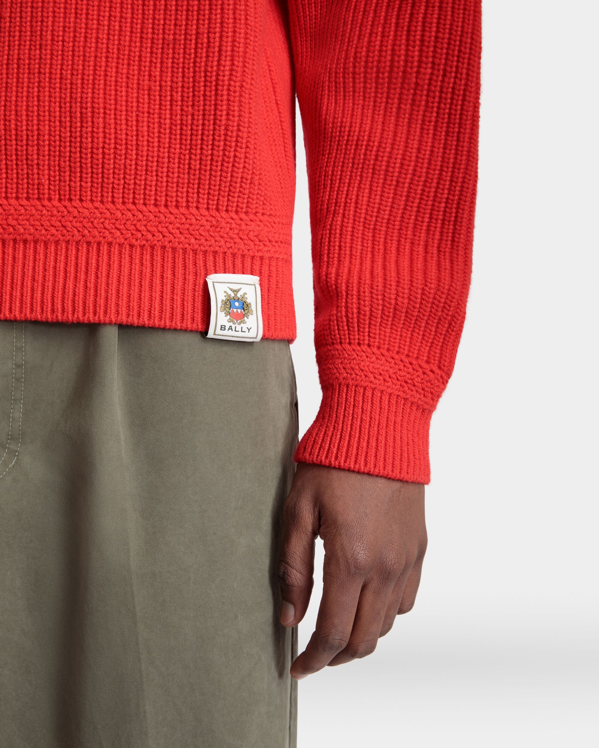 Crewneck Sweater With Bally Crest Logo In Candy Red Wool - Men's - Bally - 04
