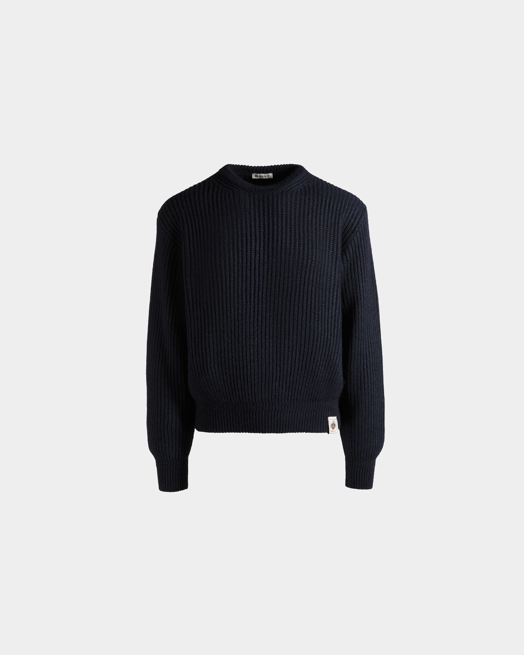 Crewneck Sweater With Bally Crest Logo In Navy Blue Wool And Silk - Men's - Bally - 01