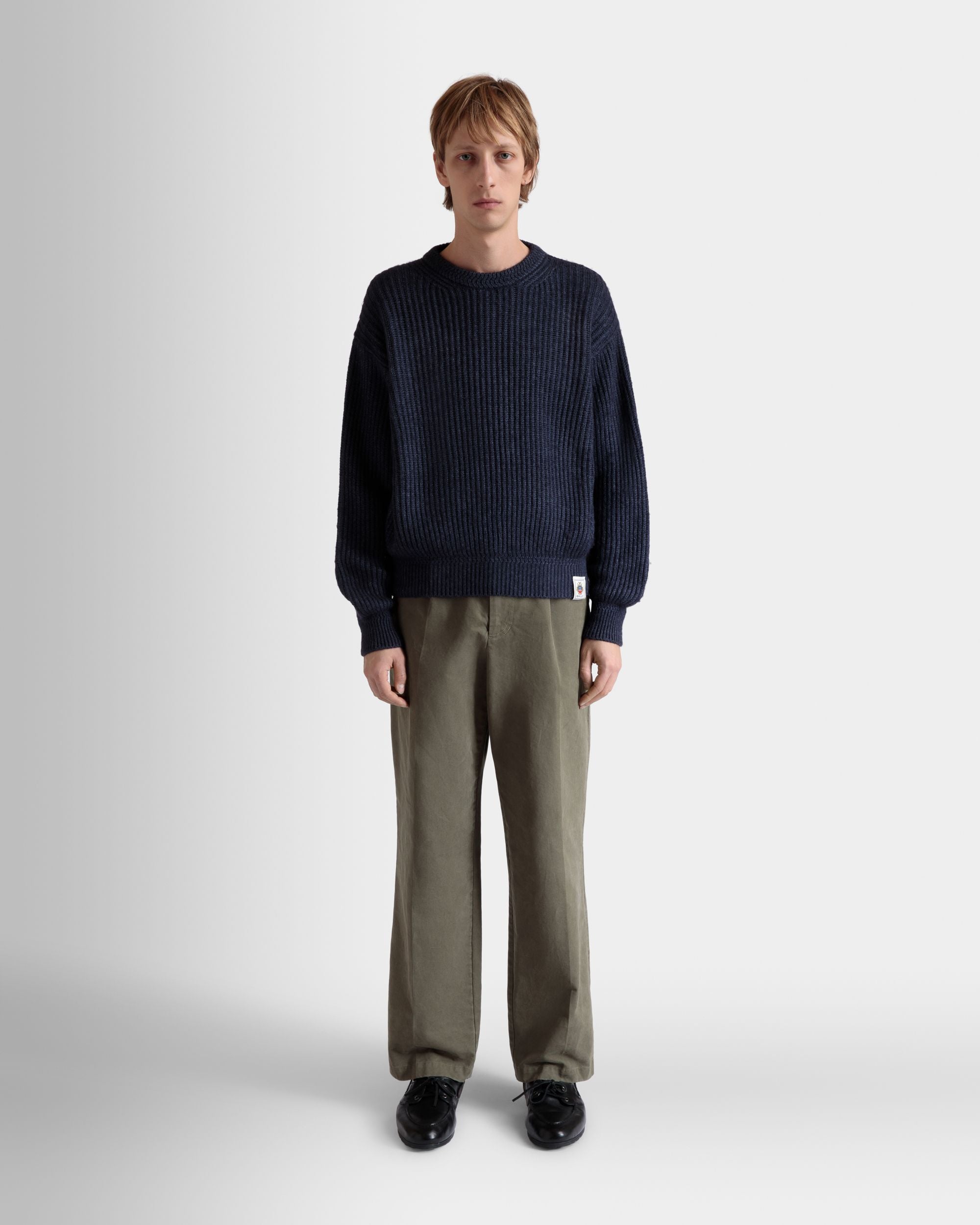 Crewneck Sweater With Bally Crest Logo In Navy Blue Wool And Silk - Men's - Bally - 02