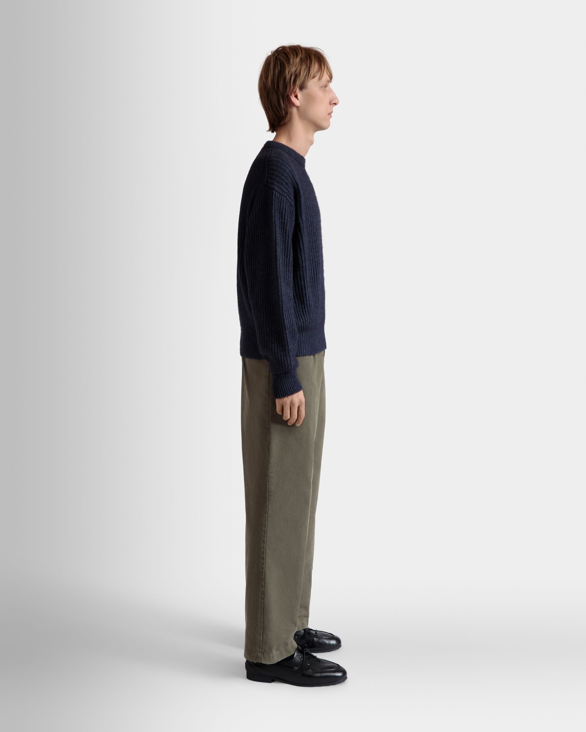 Crewneck Sweater With Bally Crest Logo In Navy Blue Wool And Silk - Men's - Bally - 06