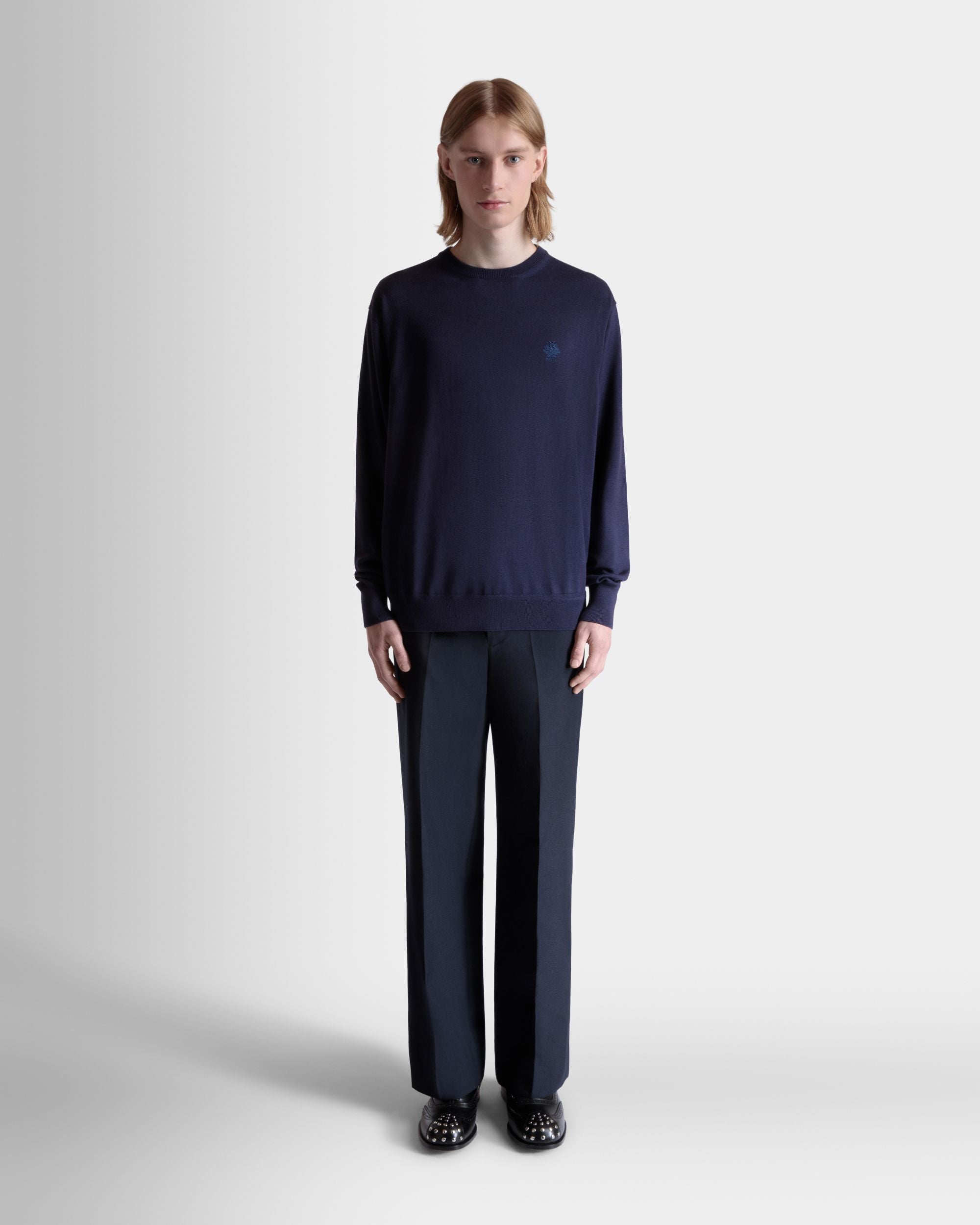 Crewneck Sweater in Navy Blue Wool Cashmere Blend - Men's - Bally - 02