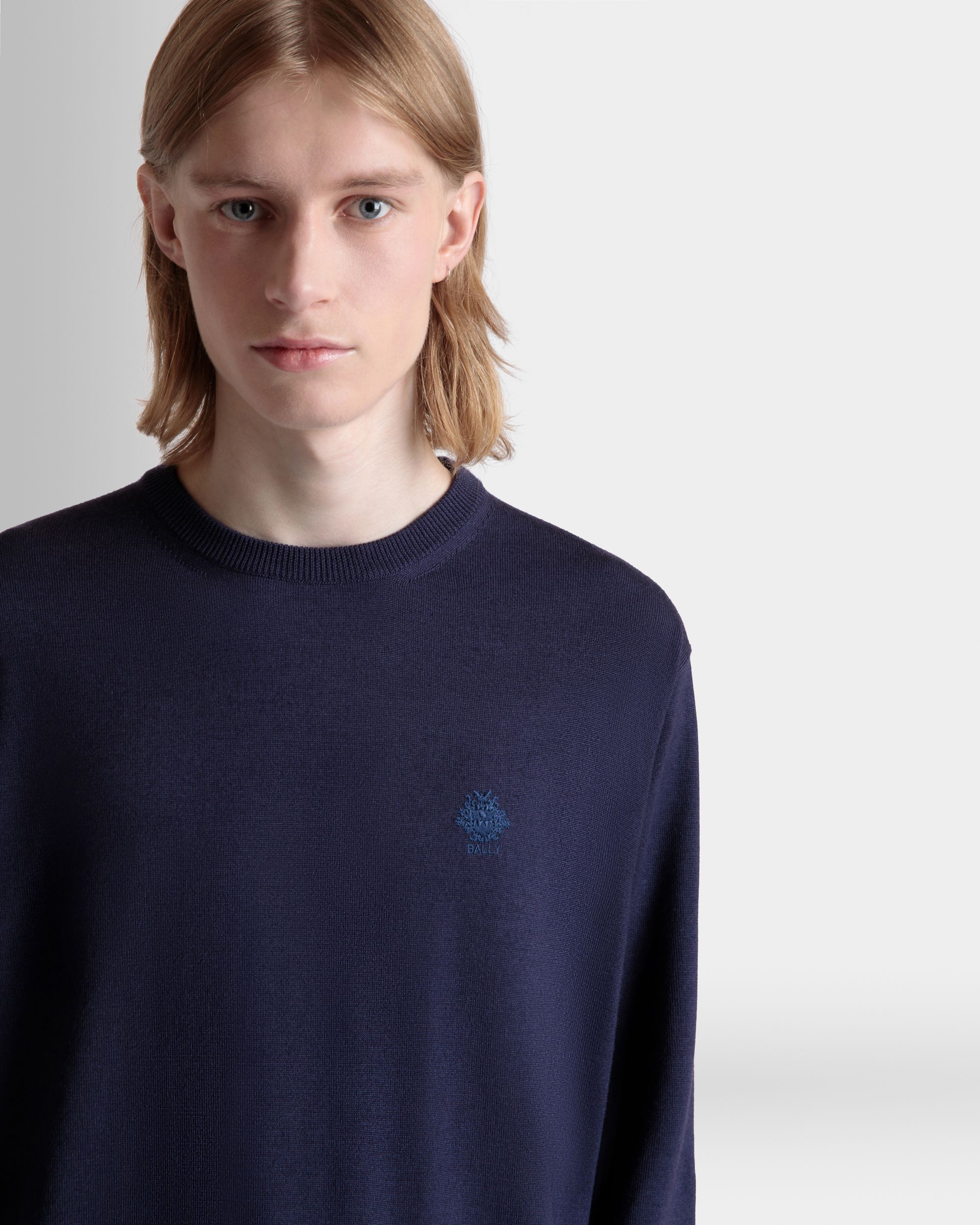 Crewneck Sweater in Navy Blue Wool Cashmere Blend - Men's - Bally - 07