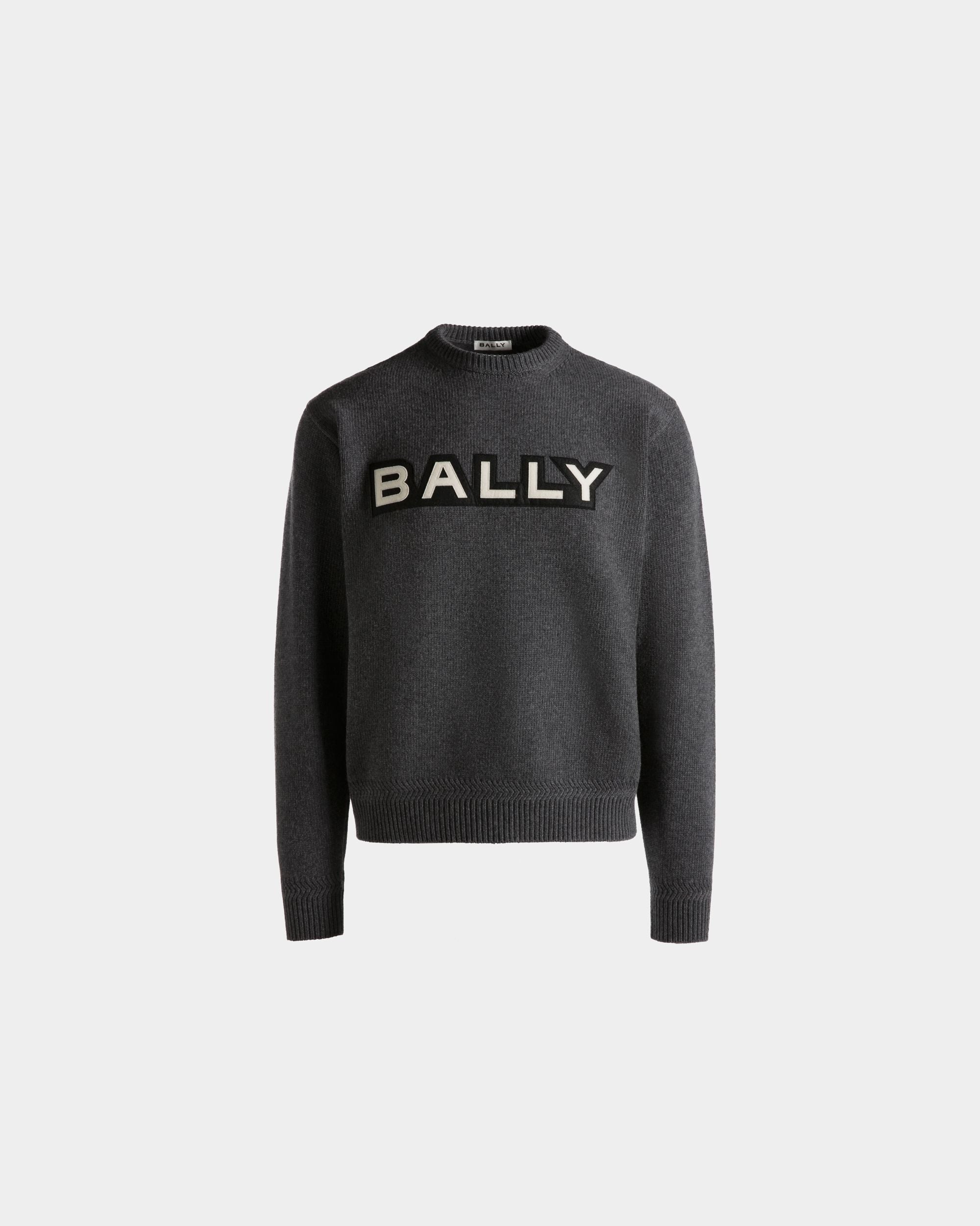 Crewneck Sweater With Logo In Dark Grey Wool - Men's - Bally - 01