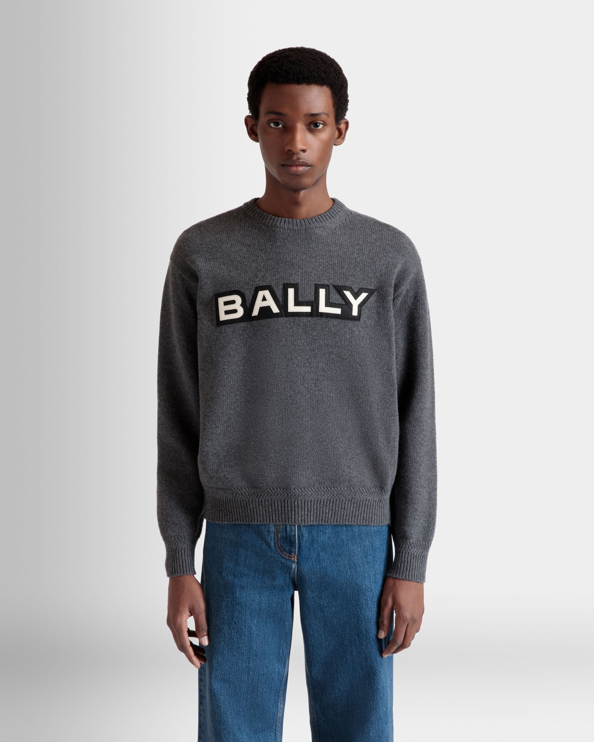 Crewneck Sweater With Logo In Dark Grey Wool - Men's - Bally - 03