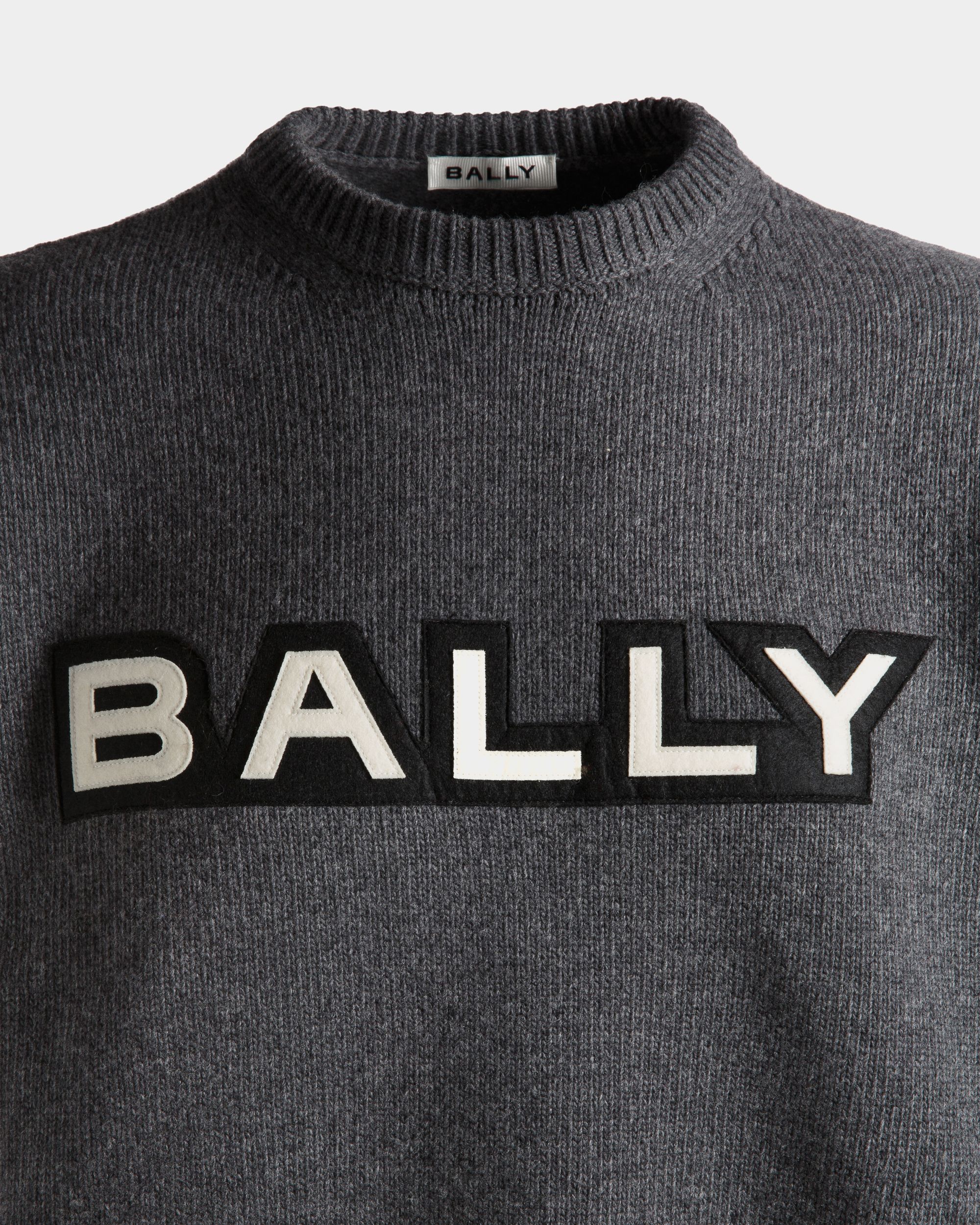 Crewneck Sweater With Logo In Dark Grey Wool - Men's - Bally - 05