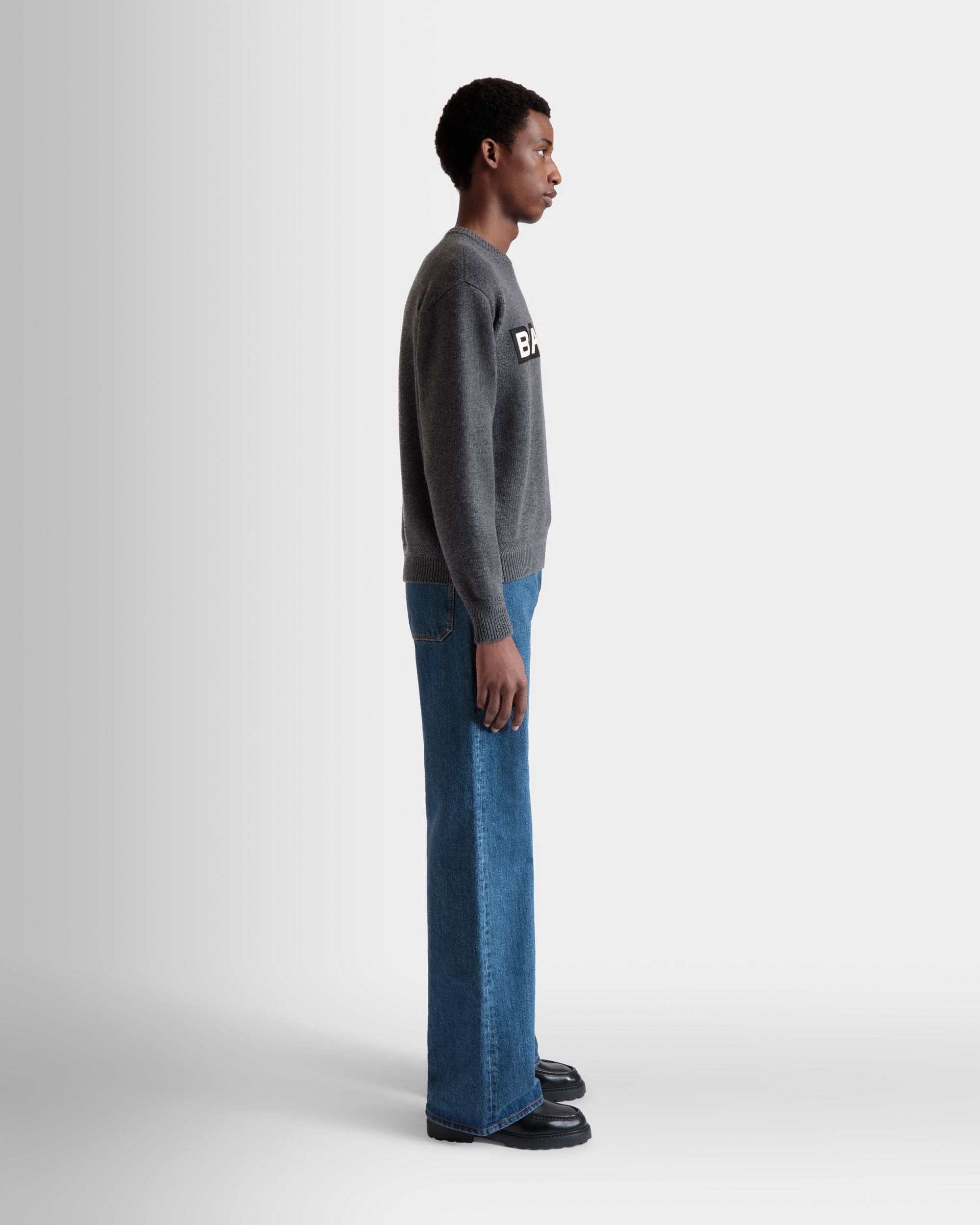 Crewneck Sweater With Logo In Dark Grey Wool - Men's - Bally - 06