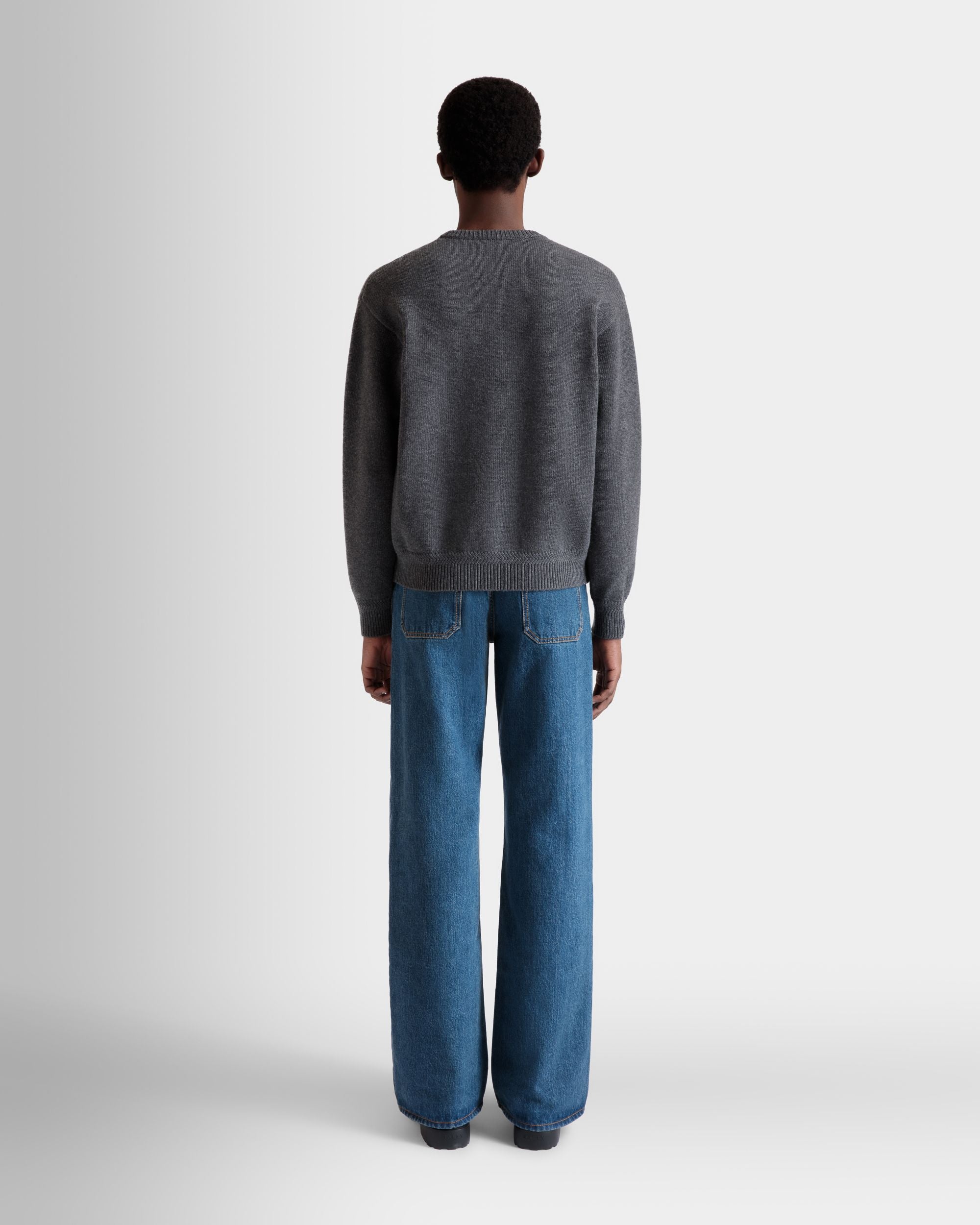 Crewneck Sweater With Logo In Dark Grey Wool - Men's - Bally - 07