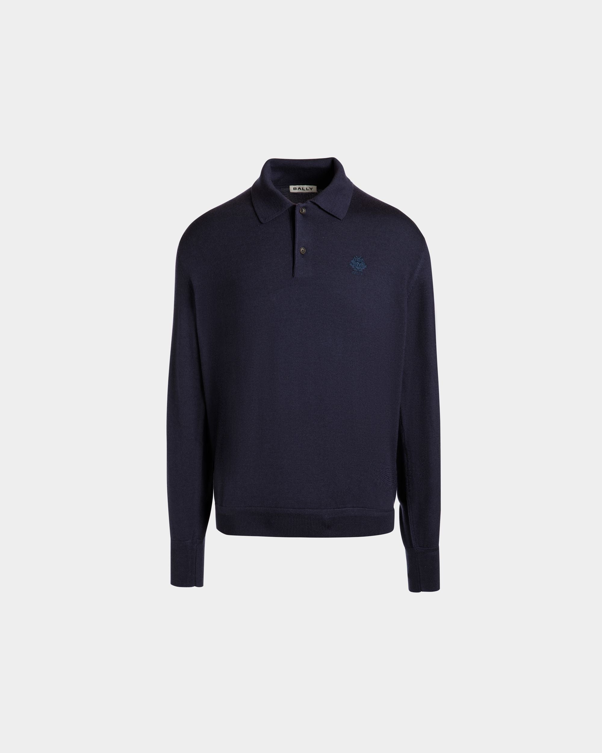 Long Sleeve Polo With Bally Crest Logo in Navy Blue Cashmere Blend - Men's - Bally - 01