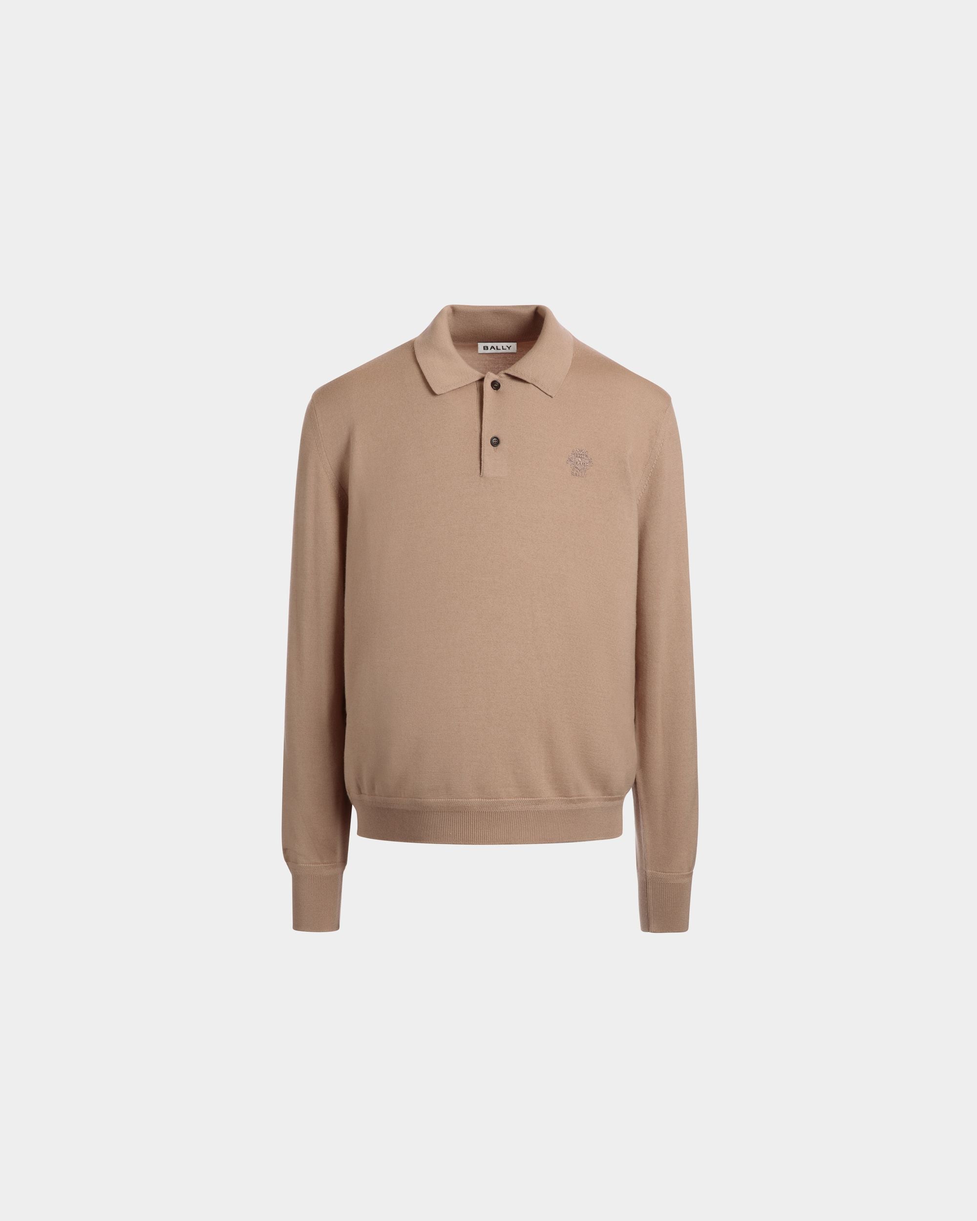 Long Sleeve Polo Shirt With a Bally Crest in Camel Wool-Cashmere - Men's - Bally - 01