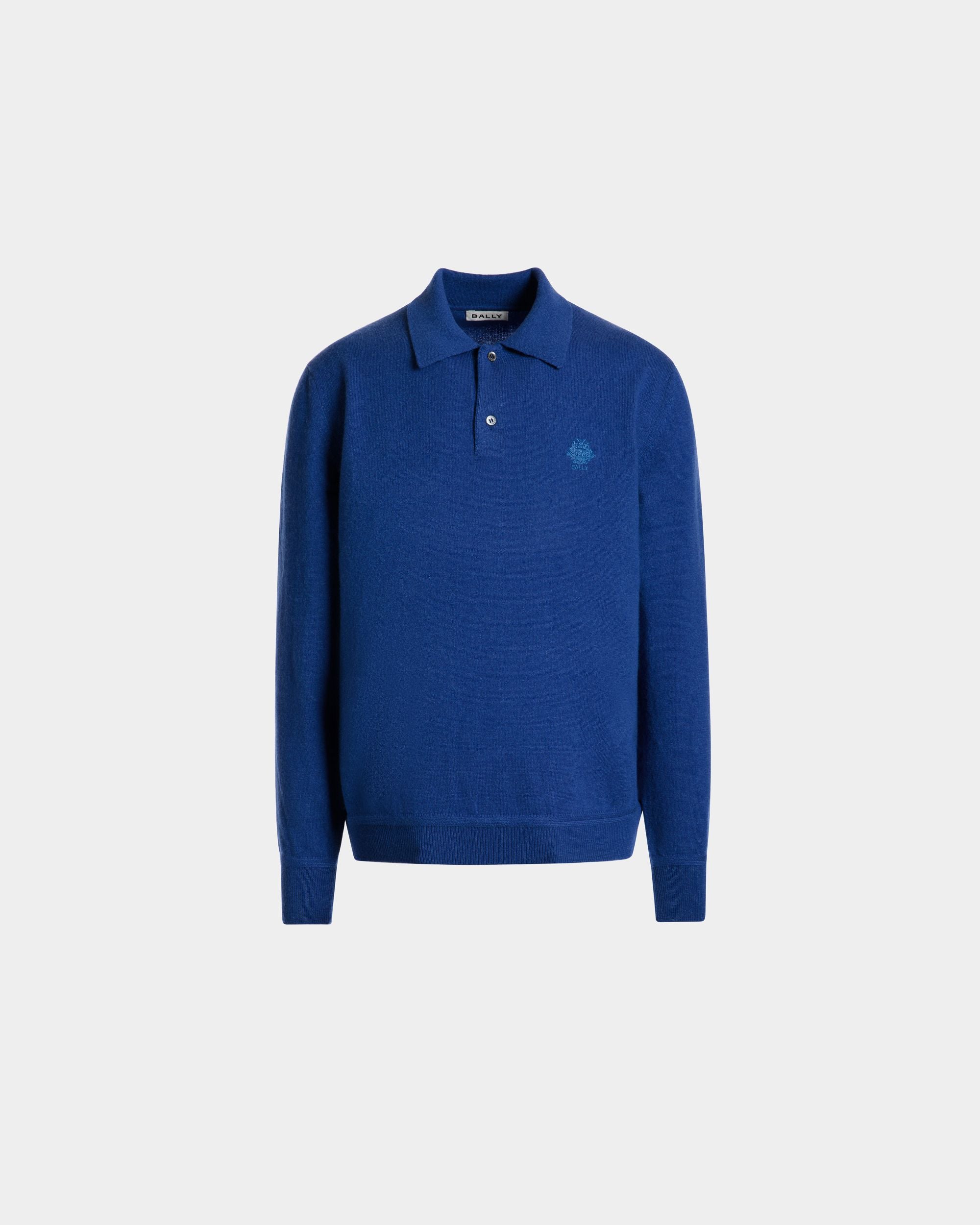 Long Sleeve Polo Shirt With a Bally Crest in Blue Cashmere Blend - Men's - Bally - 01