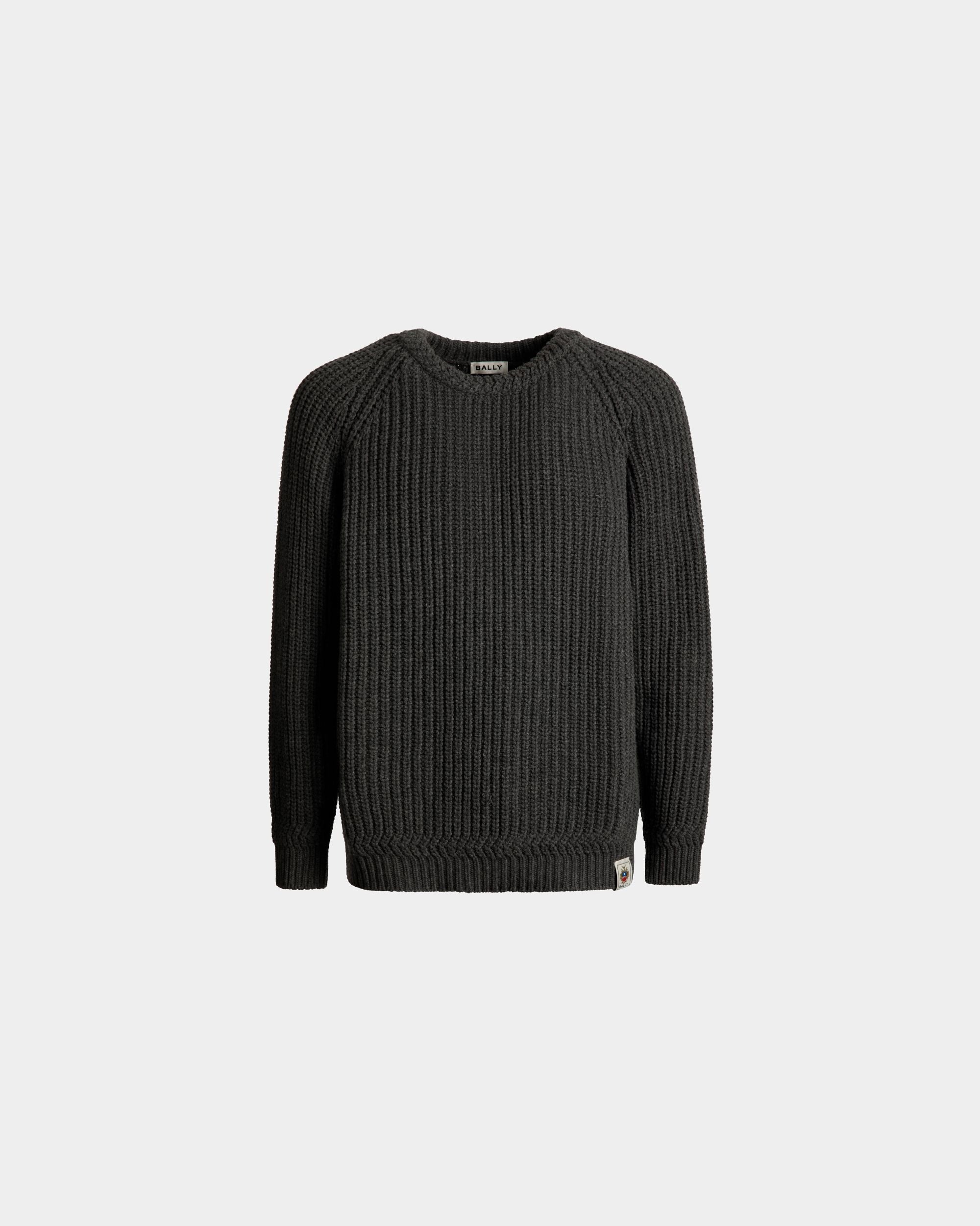 Crewneck Sweater With a Bally Crest Logo In Dark Grey Wool - Men's - Bally - 01