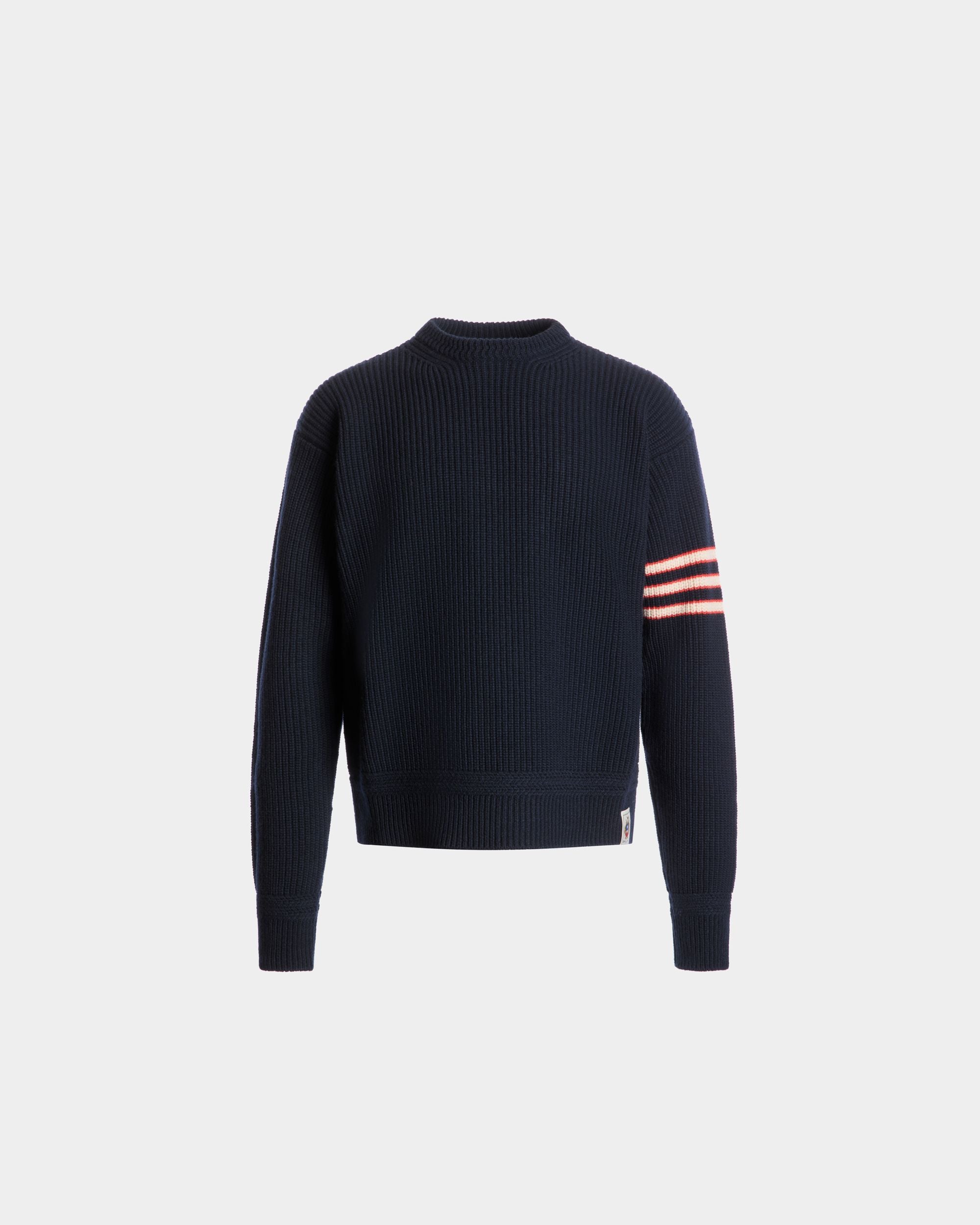 Crewneck Sweater With Bally Crest Logo in Navy Blue Wool - Men's - Bally - 01