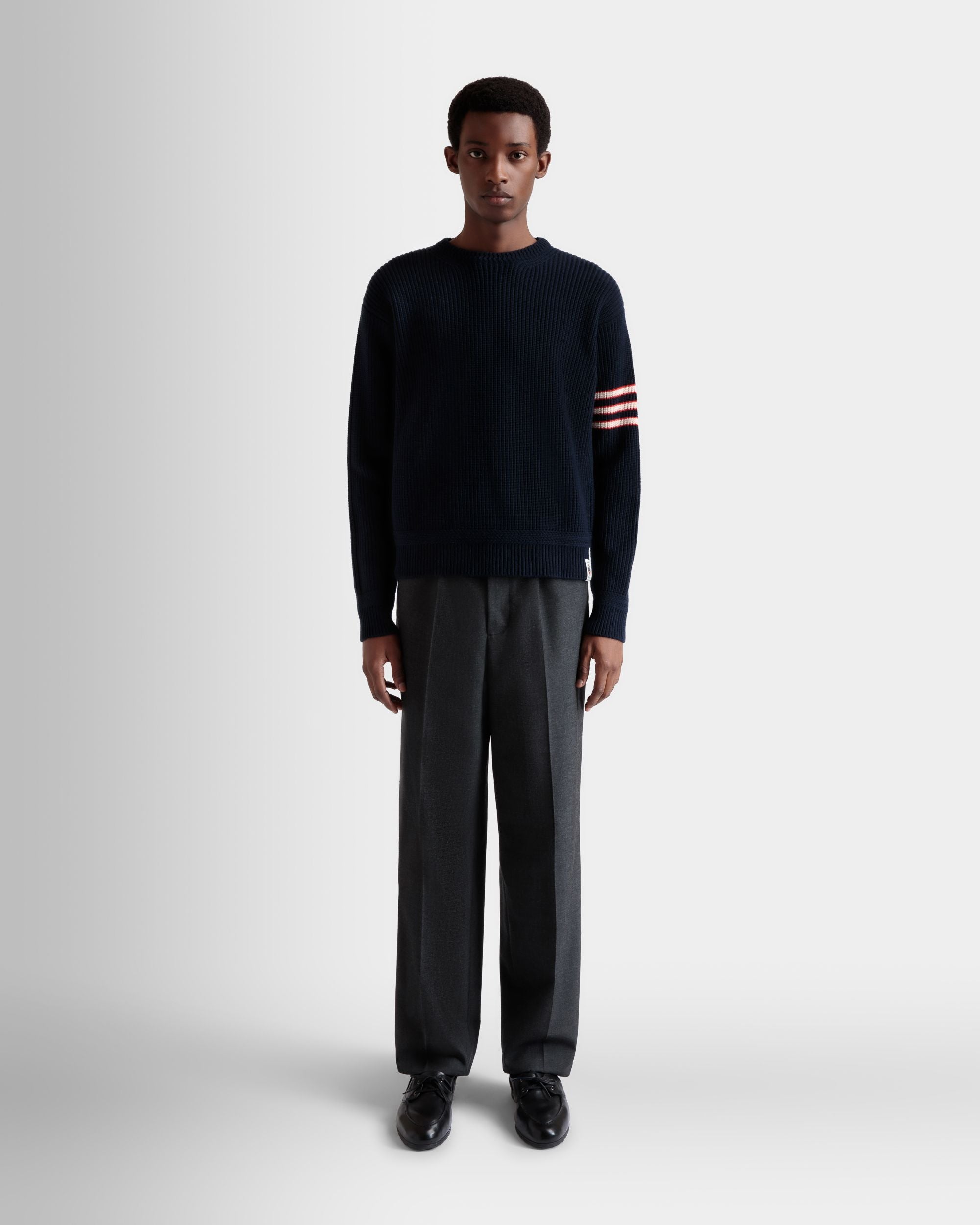 Crewneck Sweater With Bally Crest Logo in Navy Blue Wool - Men's - Bally - 02