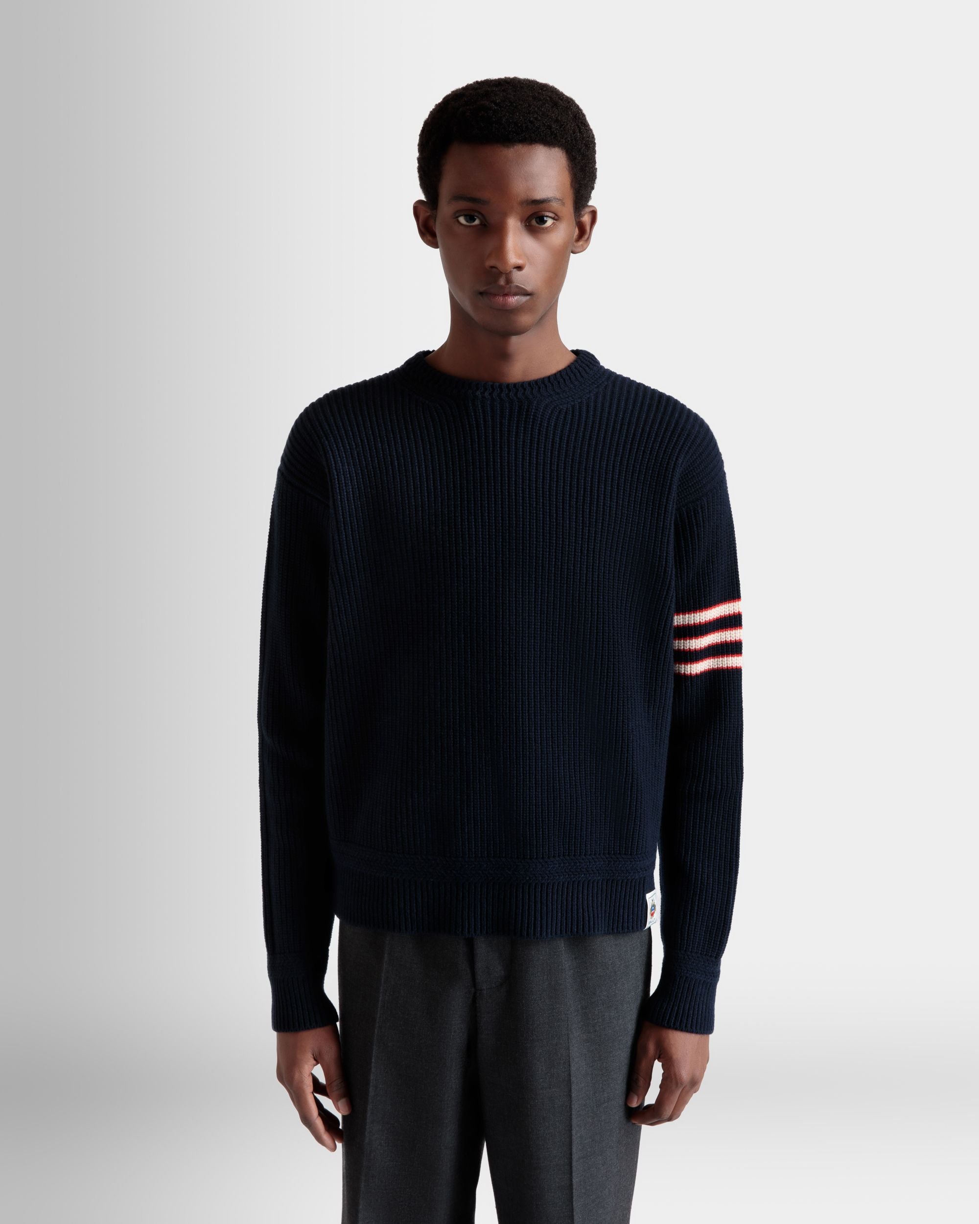 Crewneck Sweater With Bally Crest Logo in Navy Blue Wool - Men's - Bally - 03