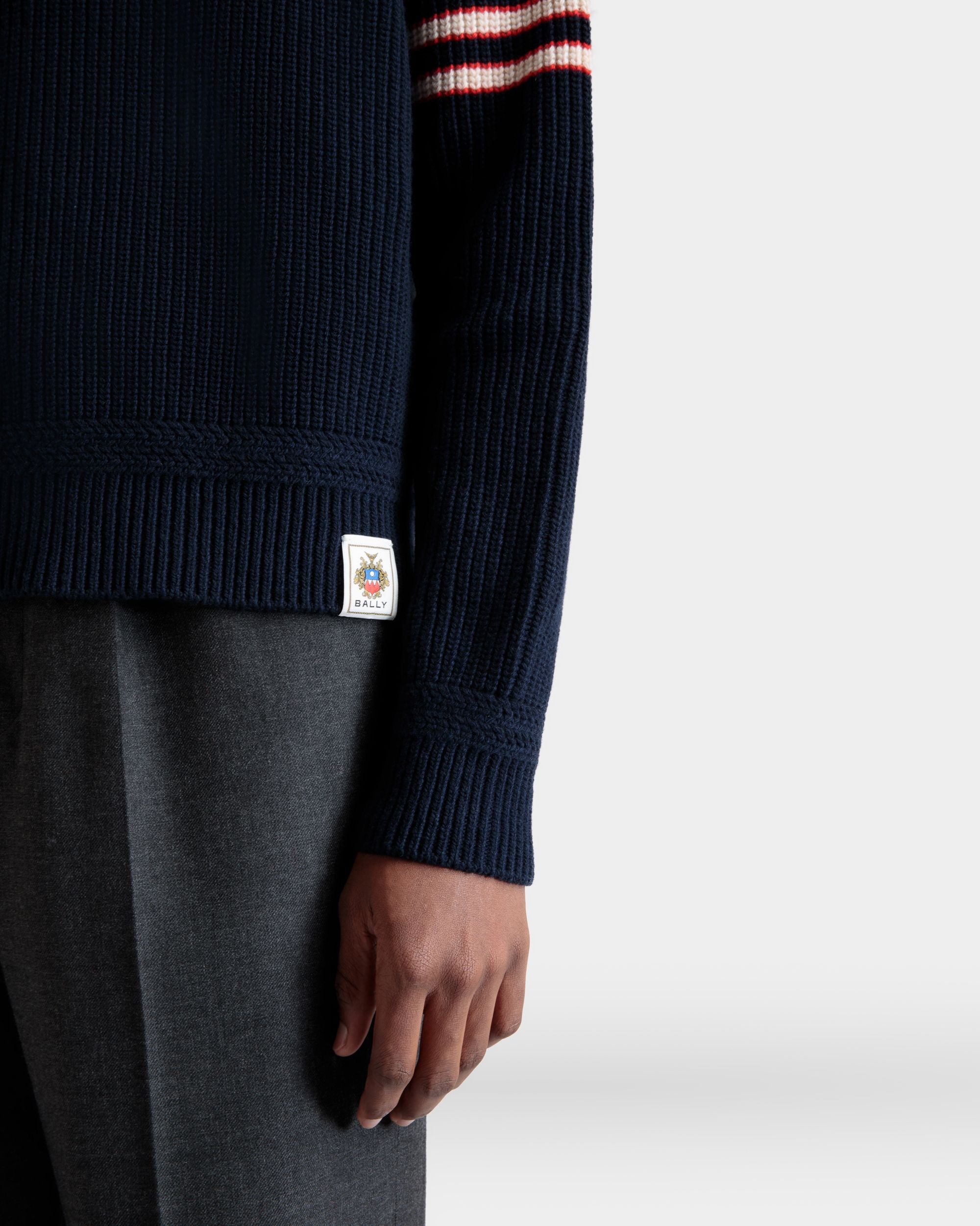 Crewneck Sweater With Bally Crest Logo in Navy Blue Wool - Men's - Bally - 04